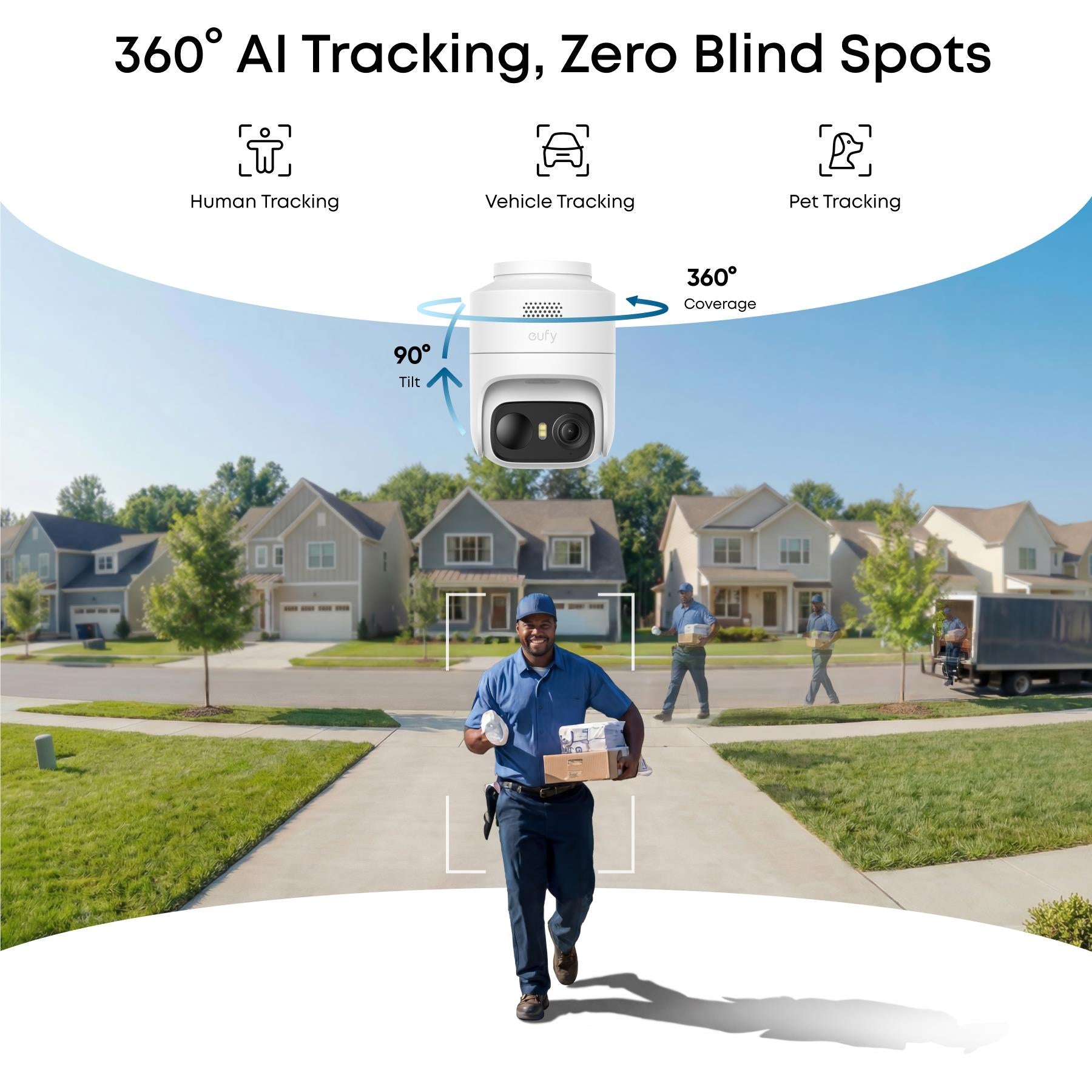 White outdoor pan-tilt security camera with wide-coverage indicator graphic