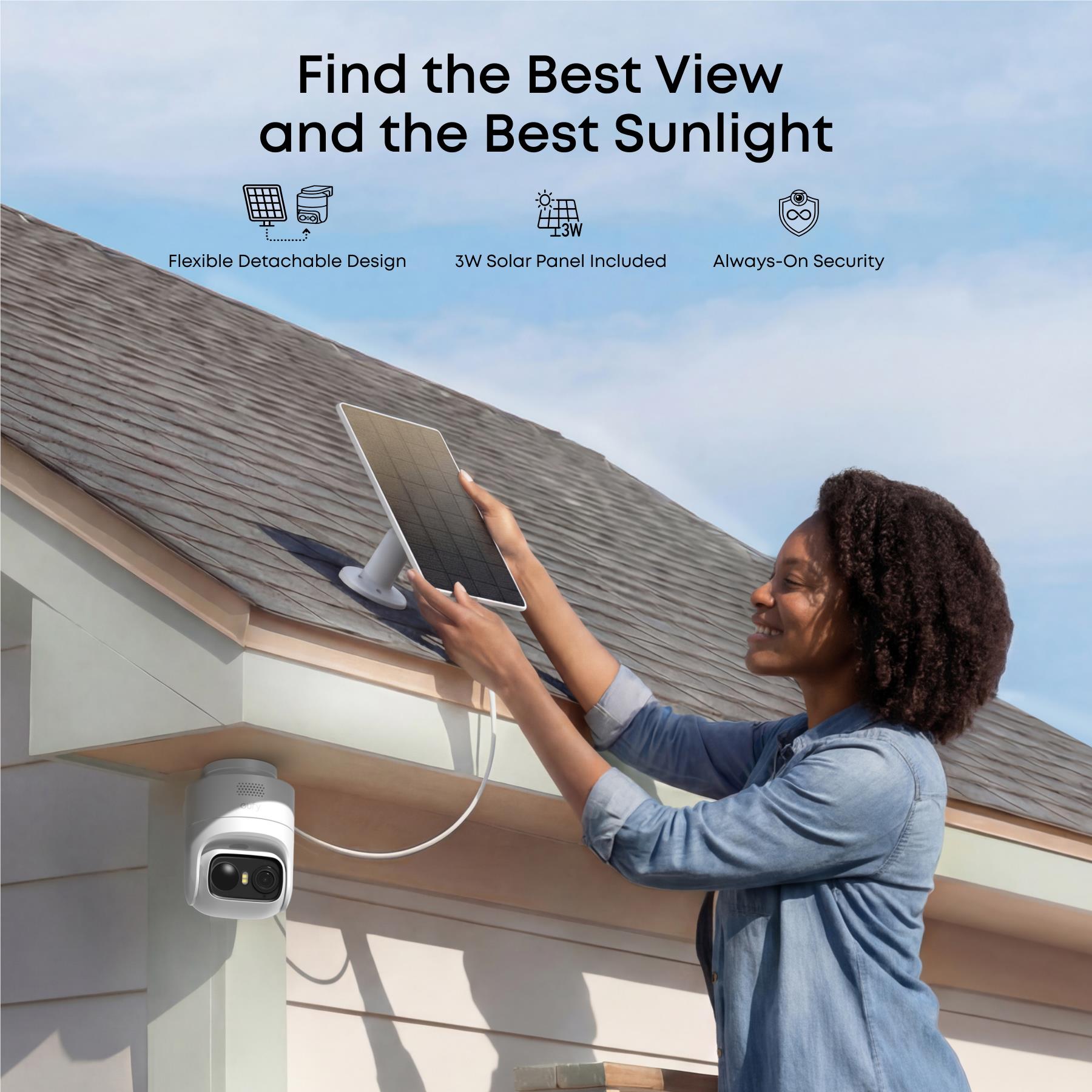 White outdoor security camera with solar panel and best-view callout graphic