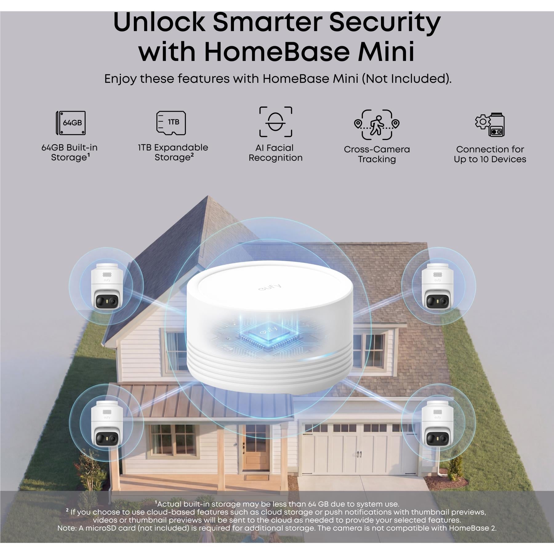 White HomeBase Mini hub with built-in storage and connection tracking icons