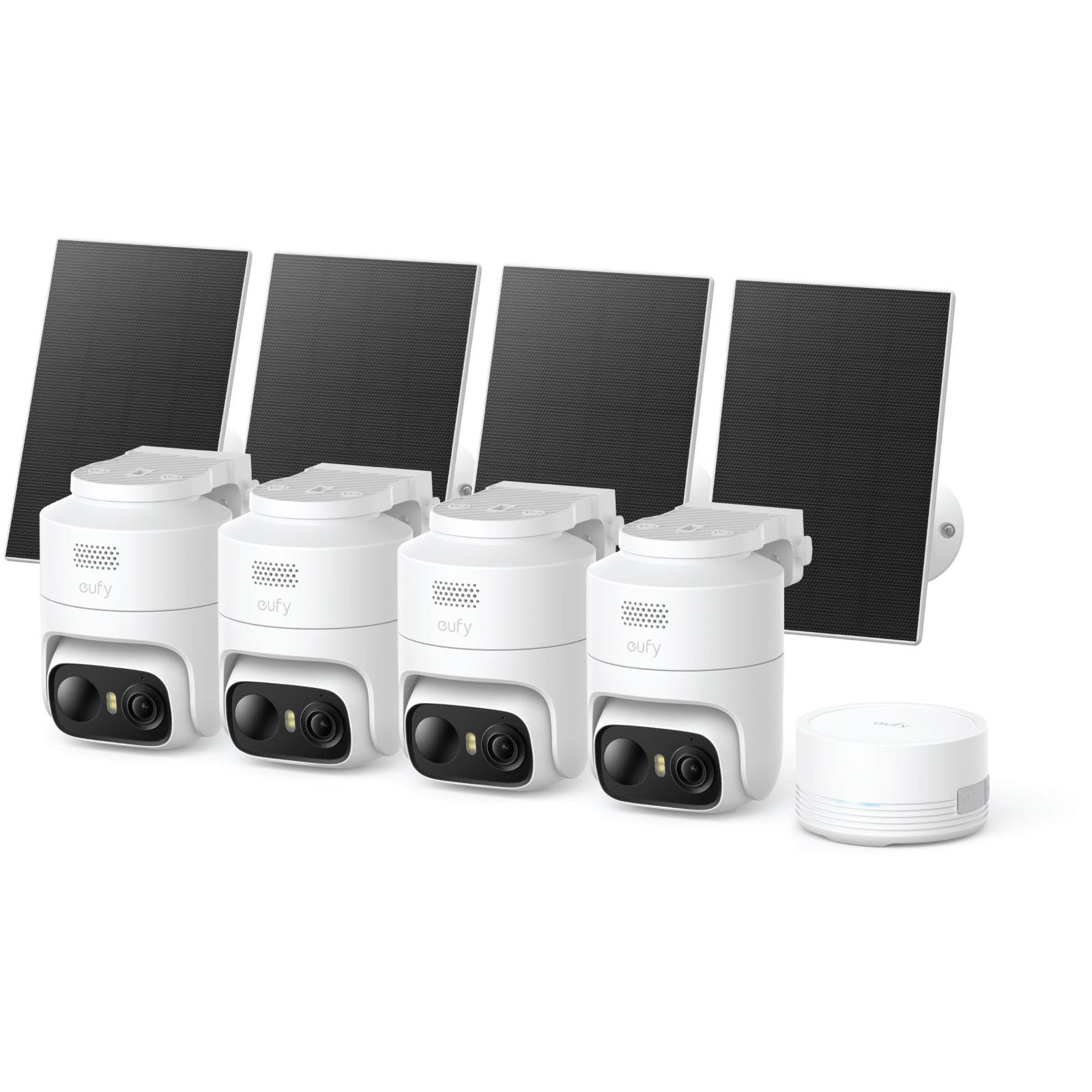 Set of four white outdoor security cameras with rotating mounts and black solar panels