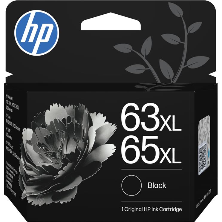HP 63/65 XL high-yield black ink cartridge box with HP logo and 63XL/65XL text