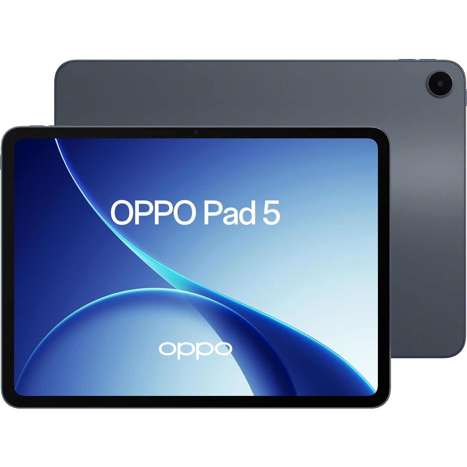 OPPO Pad 5 tablet front and back, dark bezel, blue abstract display