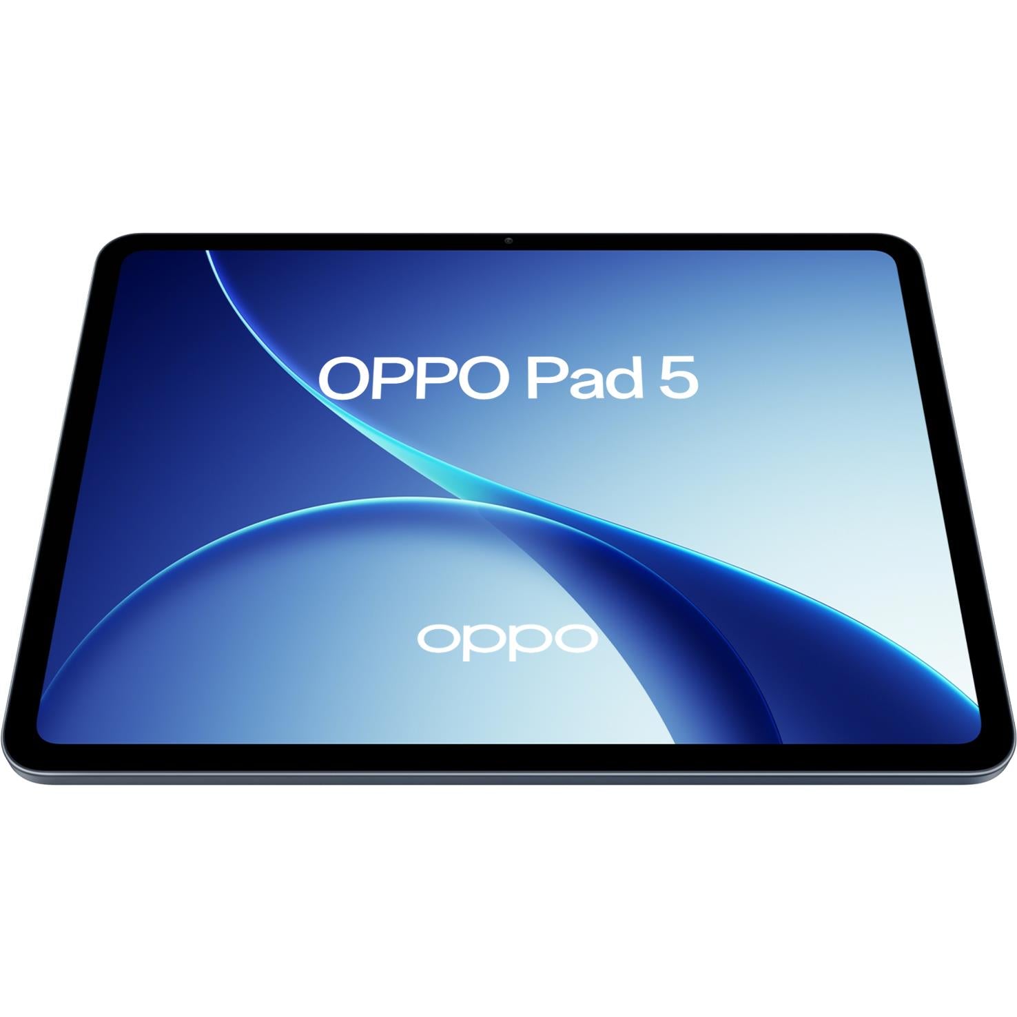 OPPO Pad 5 tablet front view, slim dark frame, blue abstract display