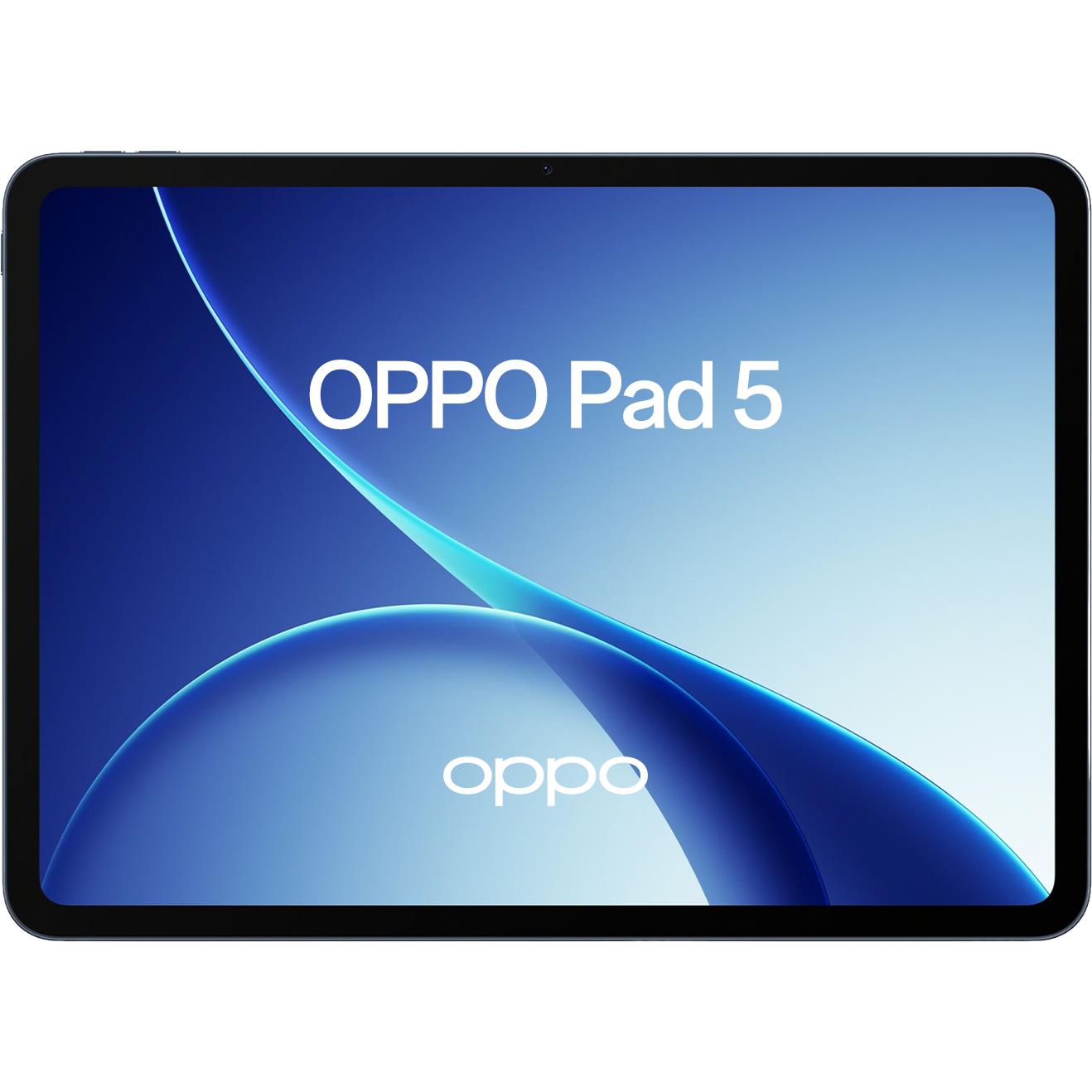 Android tablet front view with OPPO Pad 5 logo on screen, dark bezel