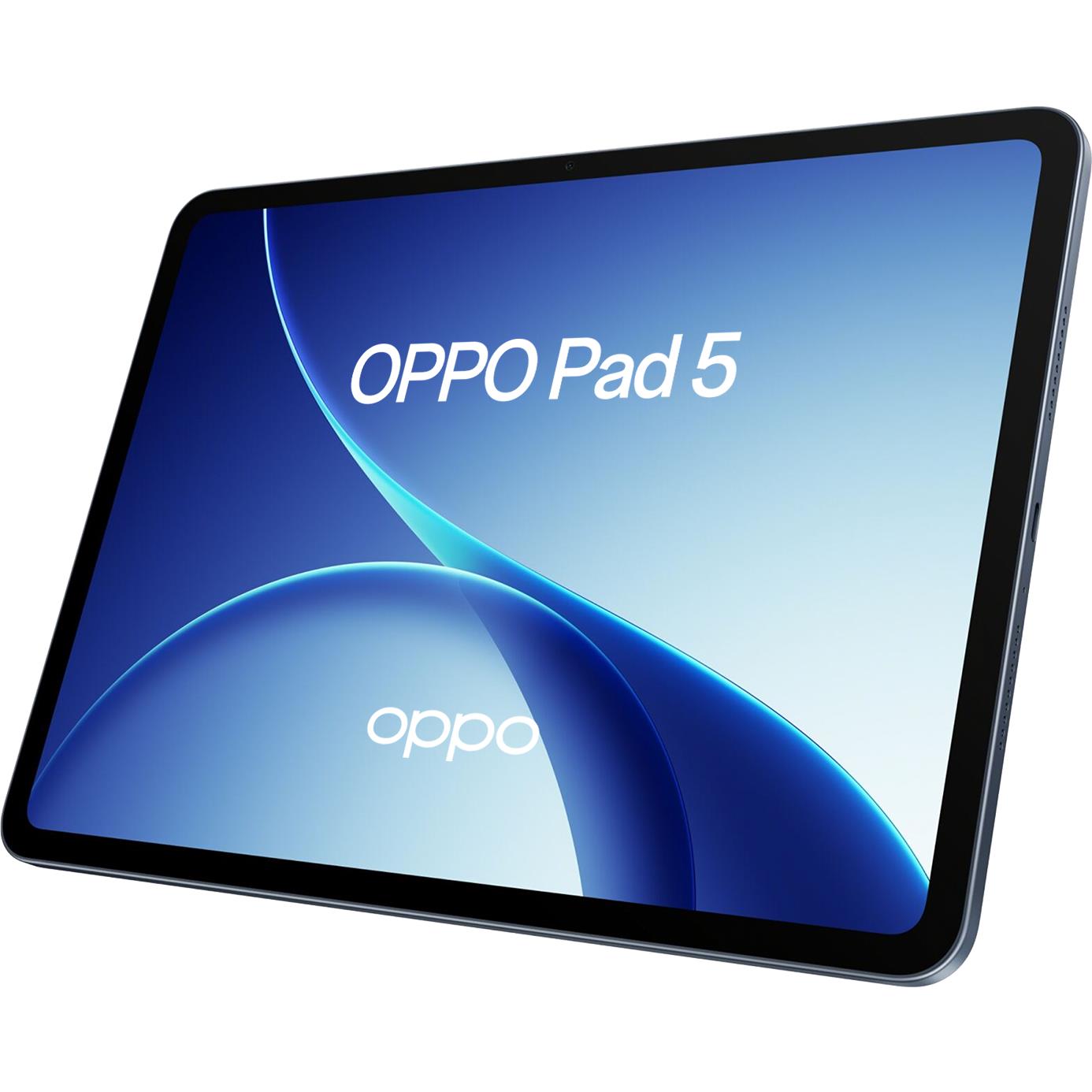 OPPO Pad 5 tablet angled view, dark bezel, blue abstract screen graphic