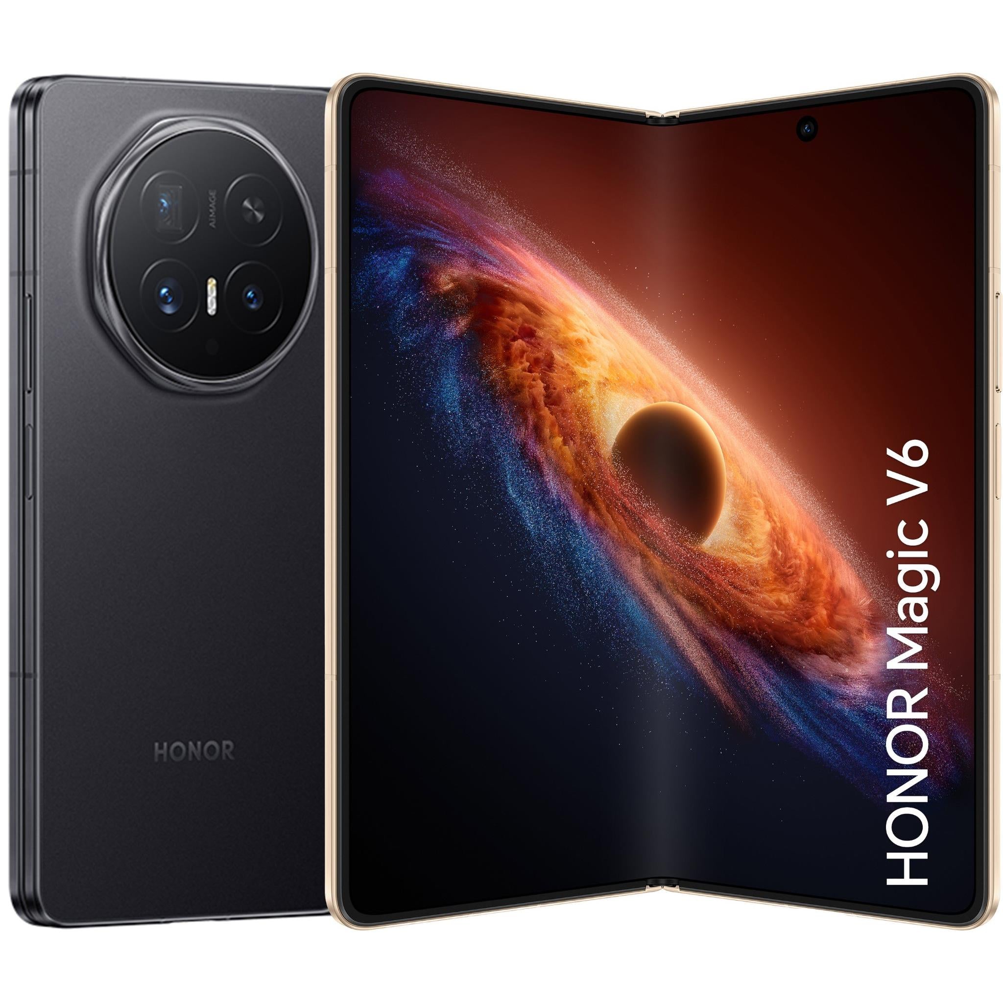 HONOR foldable smartphone in black, rear cameras and unfolded display shown
