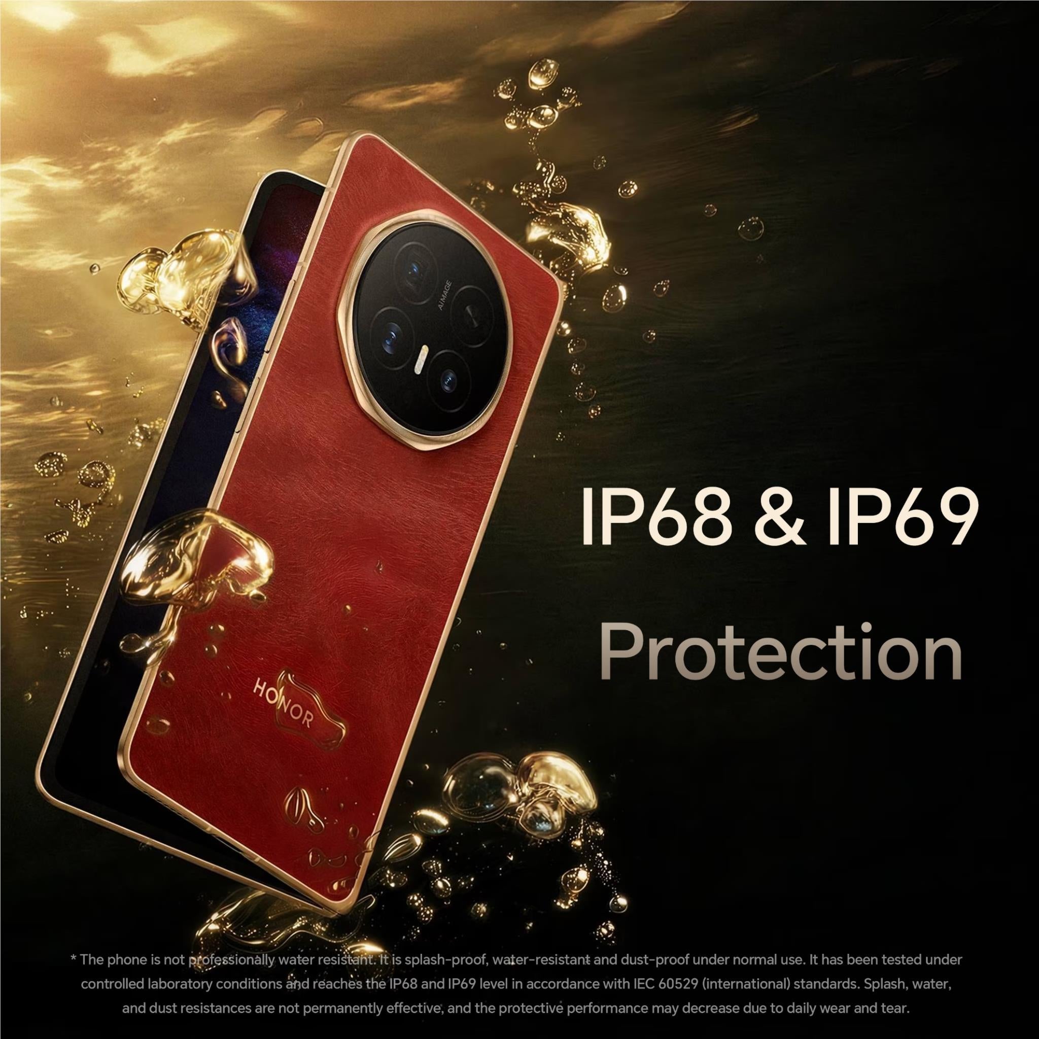 Red HONOR foldable smartphone showing IP68 & IP69 protection graphic