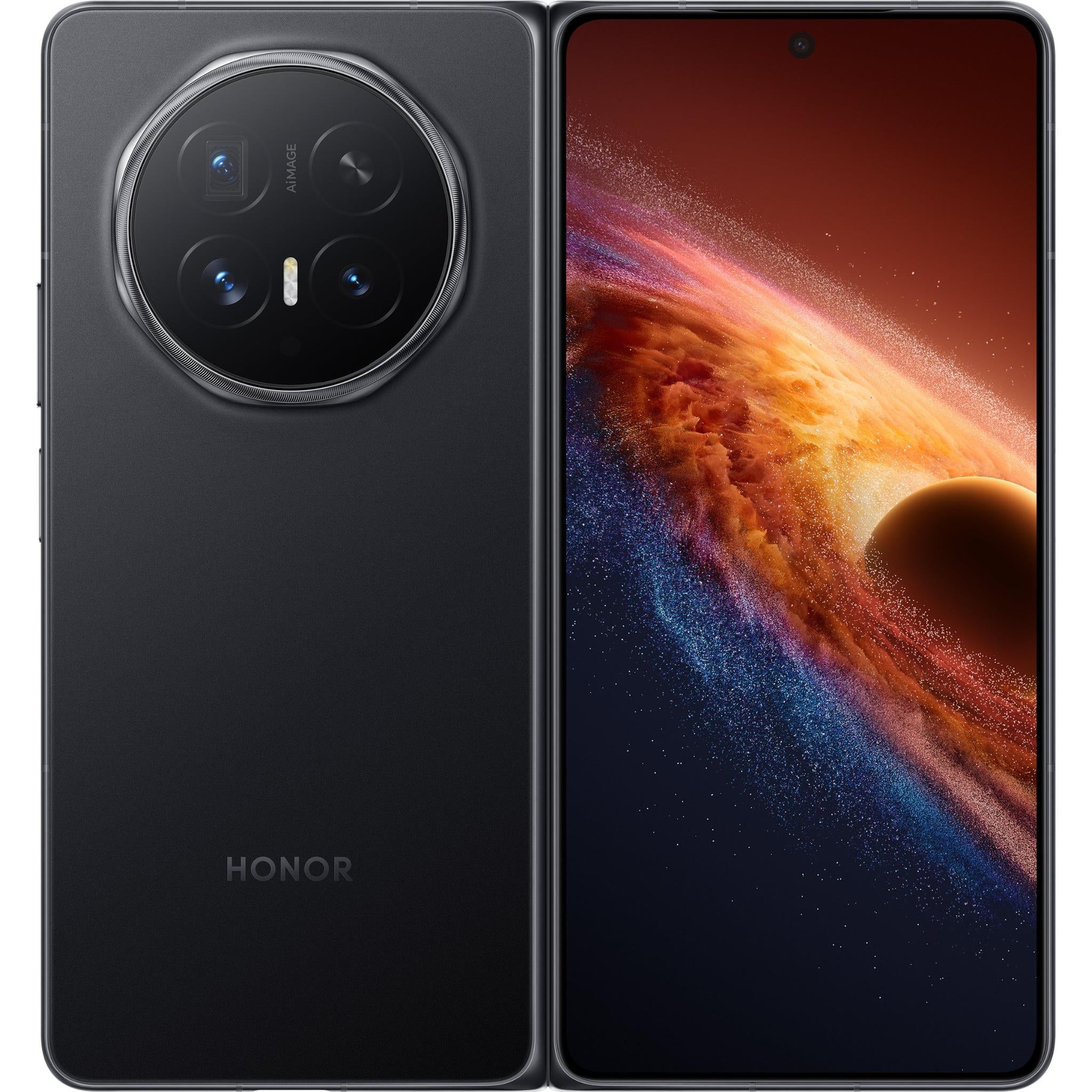HONOR foldable smartphone, black rear panel and front display side-by-side