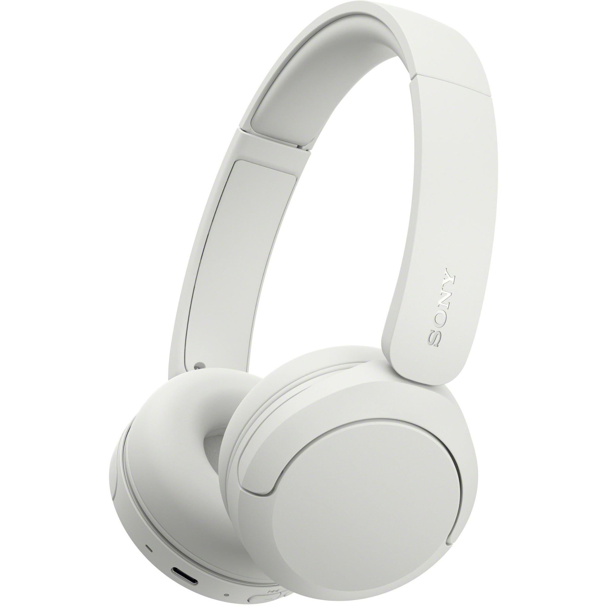 Off-white Sony wireless on-ear headset with padded ear cups and adjustable headband