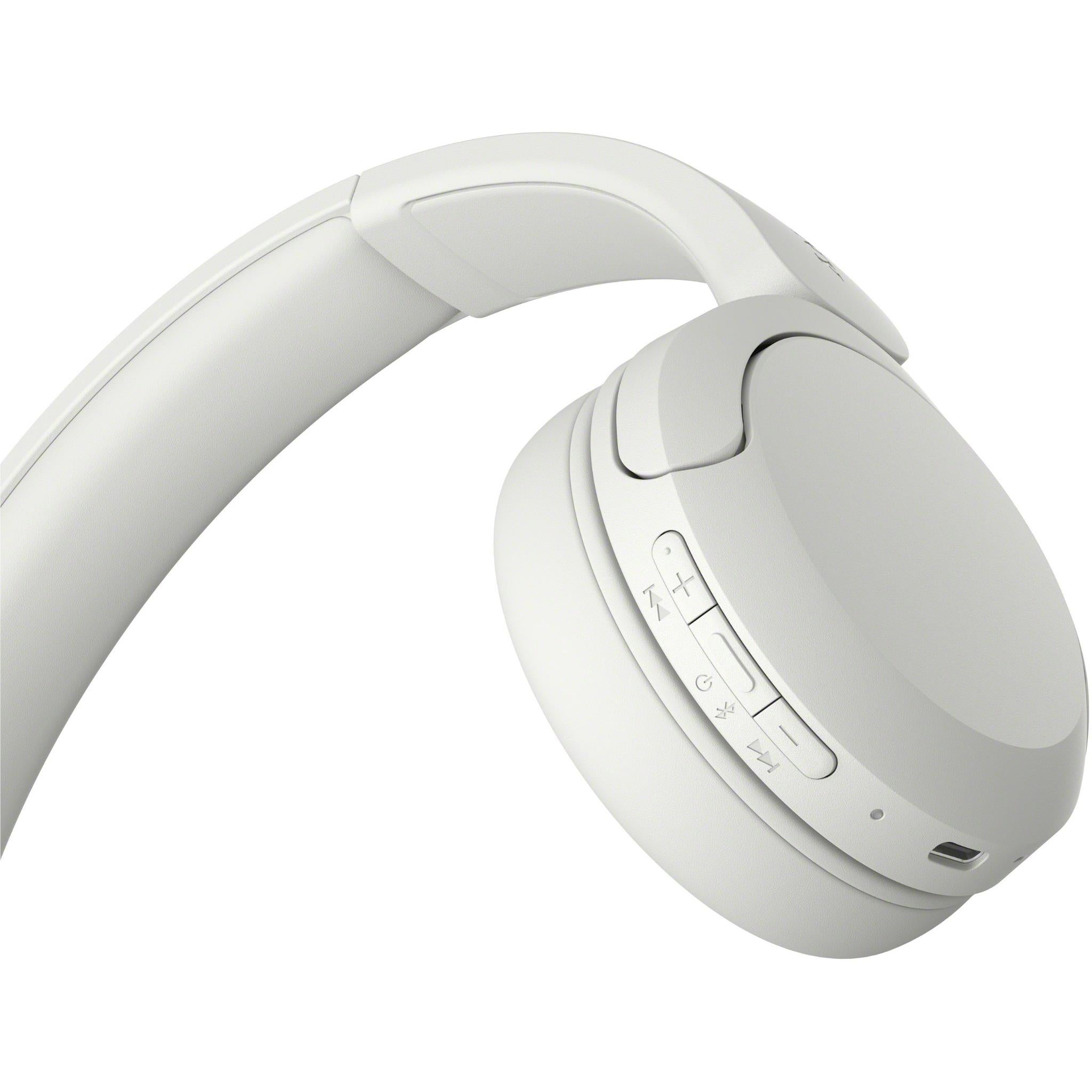Off-white Sony wireless on-ear headset close-up of ear cup controls and headband