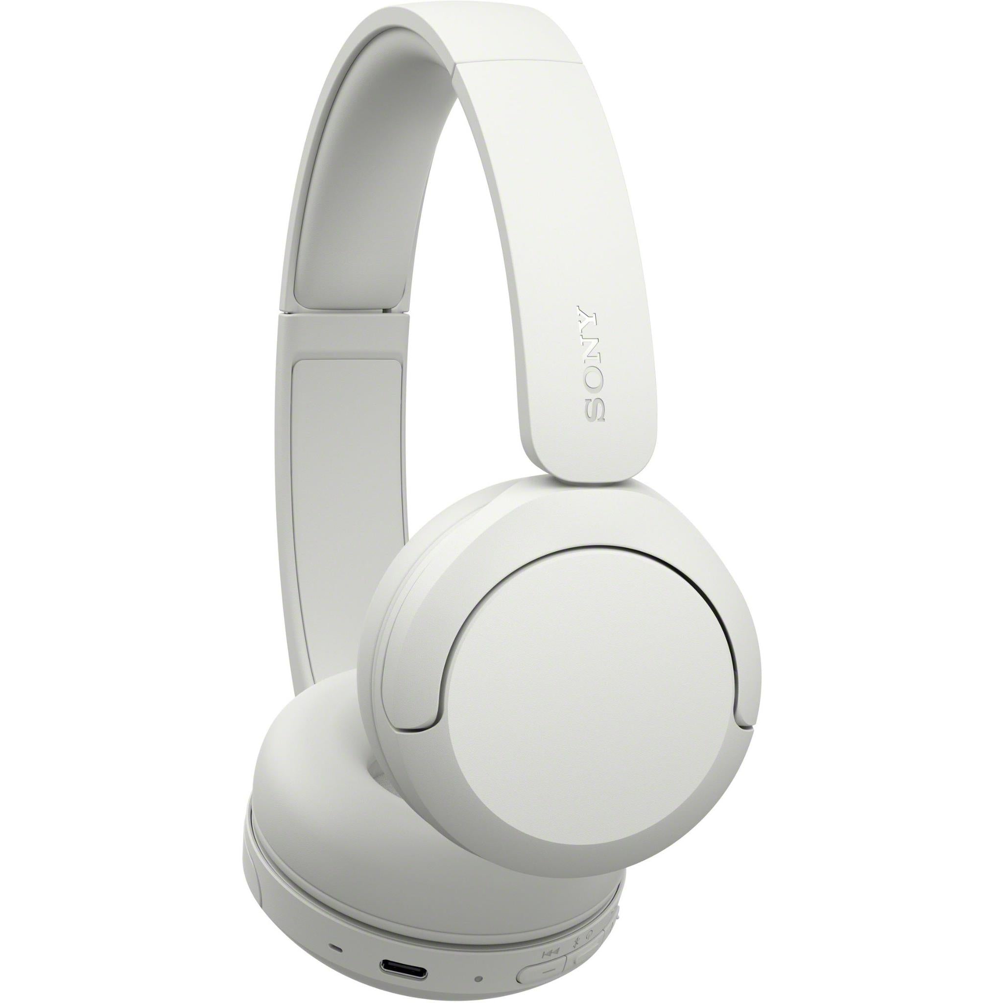 Off-white Sony wireless on-ear headset side view with logo on outer headband