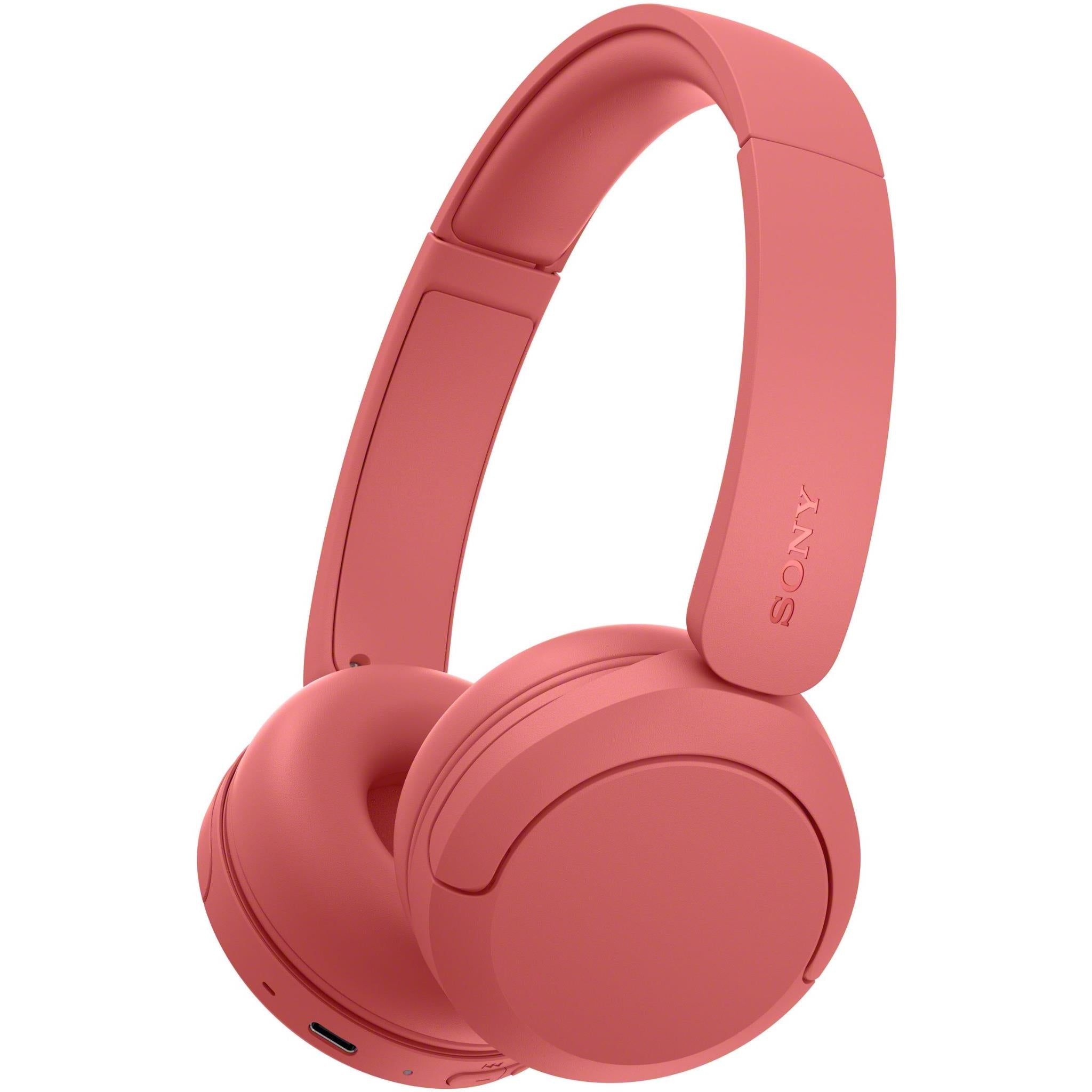 Coral red on-ear wireless headset with microphone, closed-back ear cups