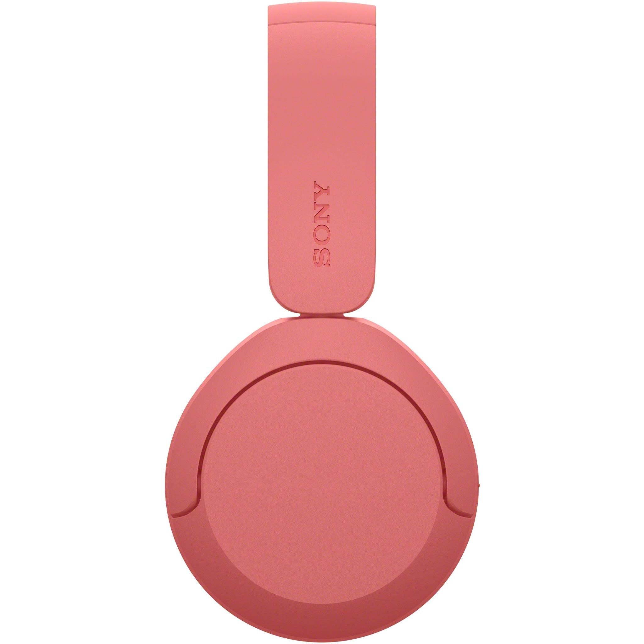 Coral red on-ear wireless headset, ear cups folded with headband extended