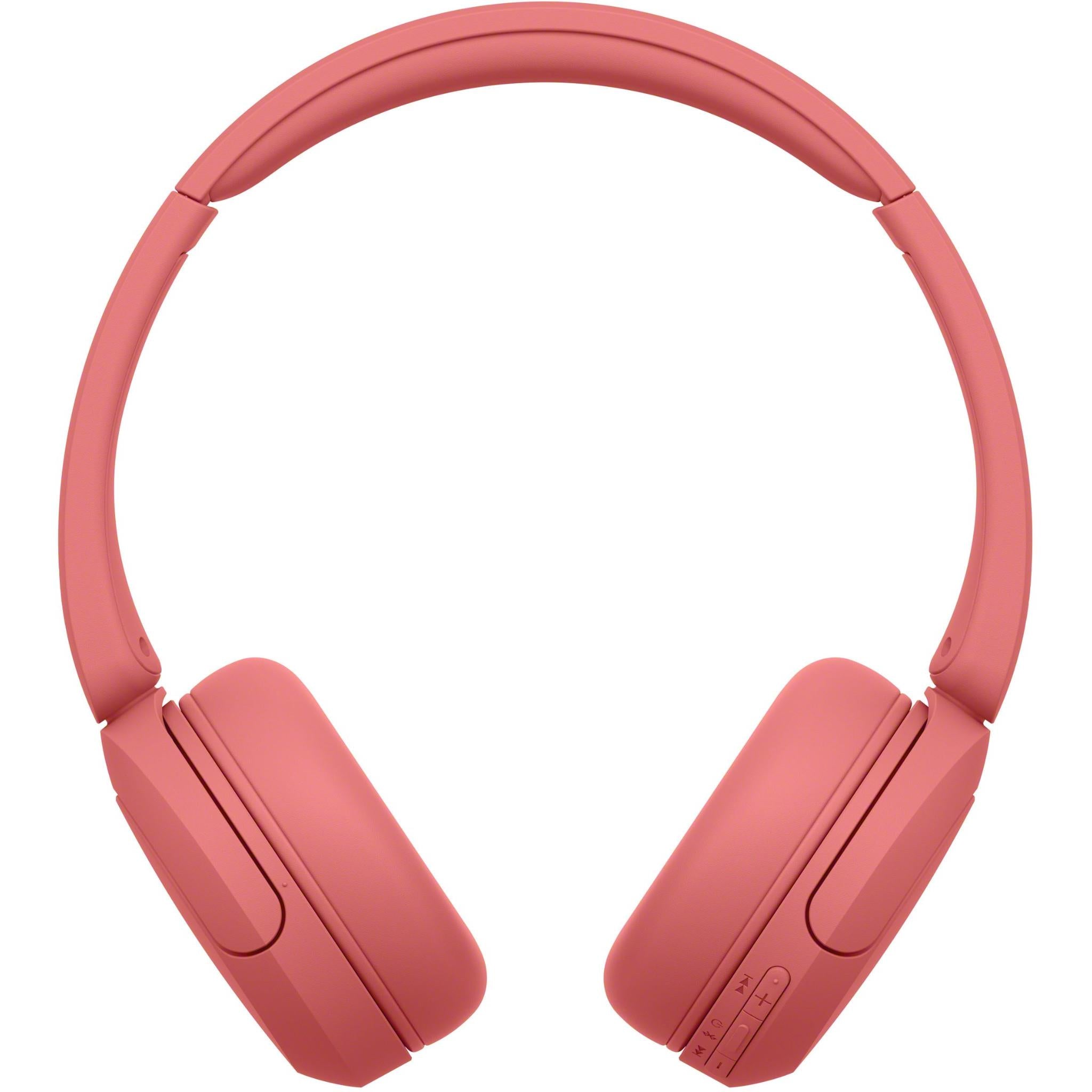 Coral red on-ear wireless headset, view of ear cups and headband