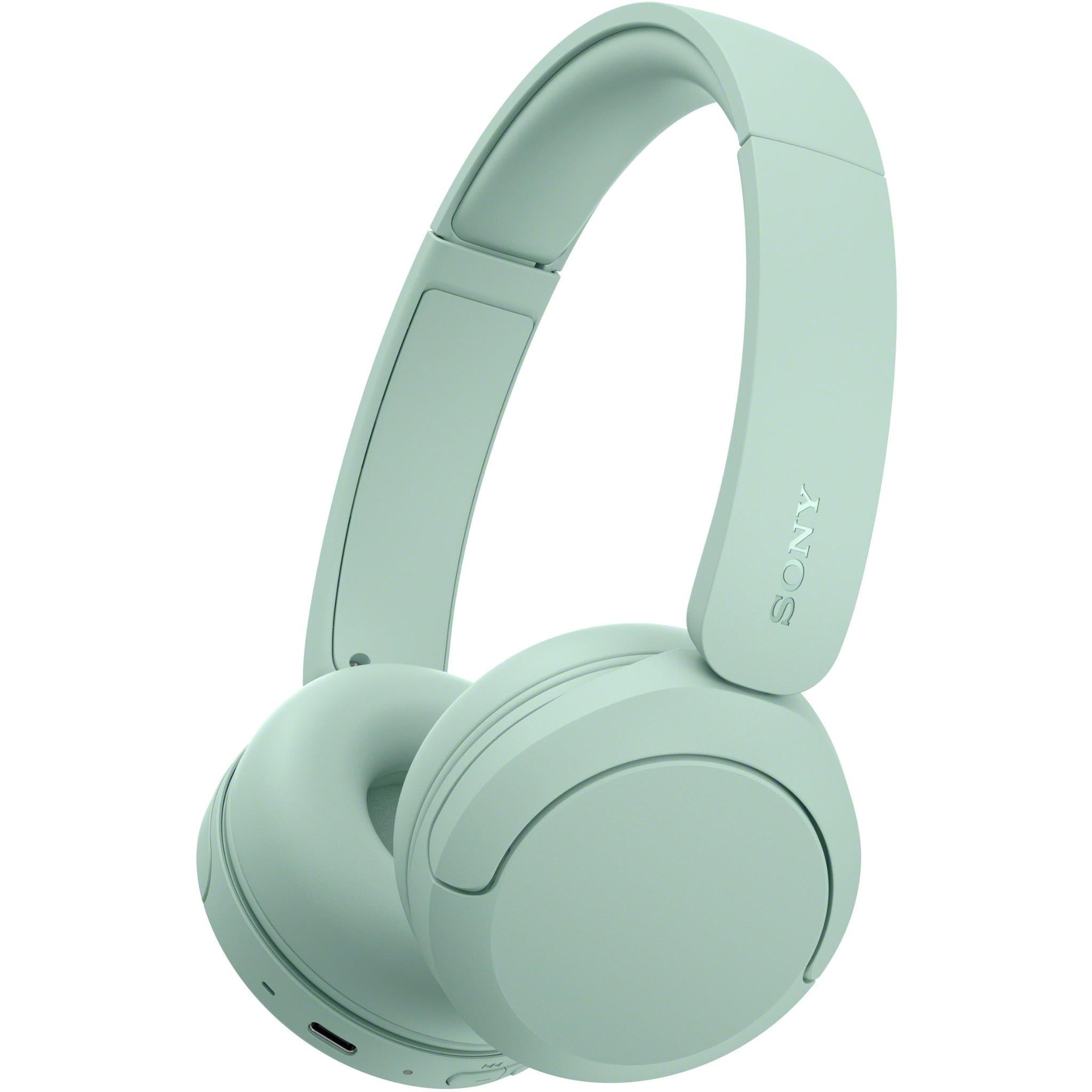 Mint green on-ear Bluetooth headset with foldable ear cups and padded headband