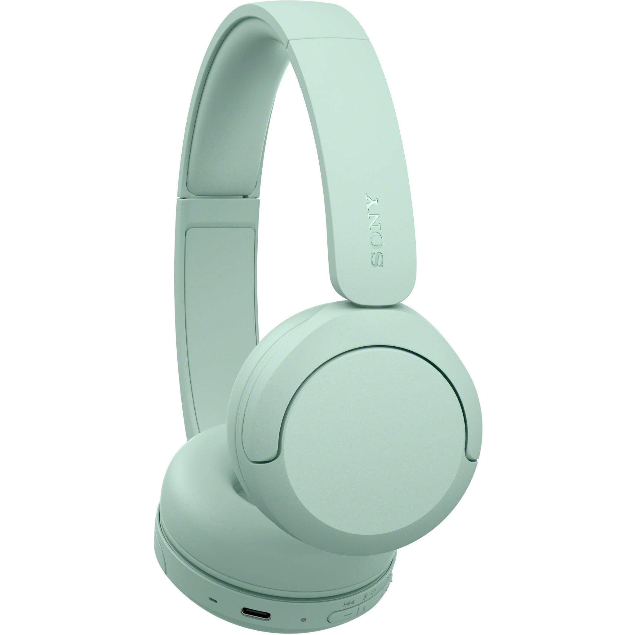 Mint green on-ear Bluetooth headset with adjustable headband and logo on back band