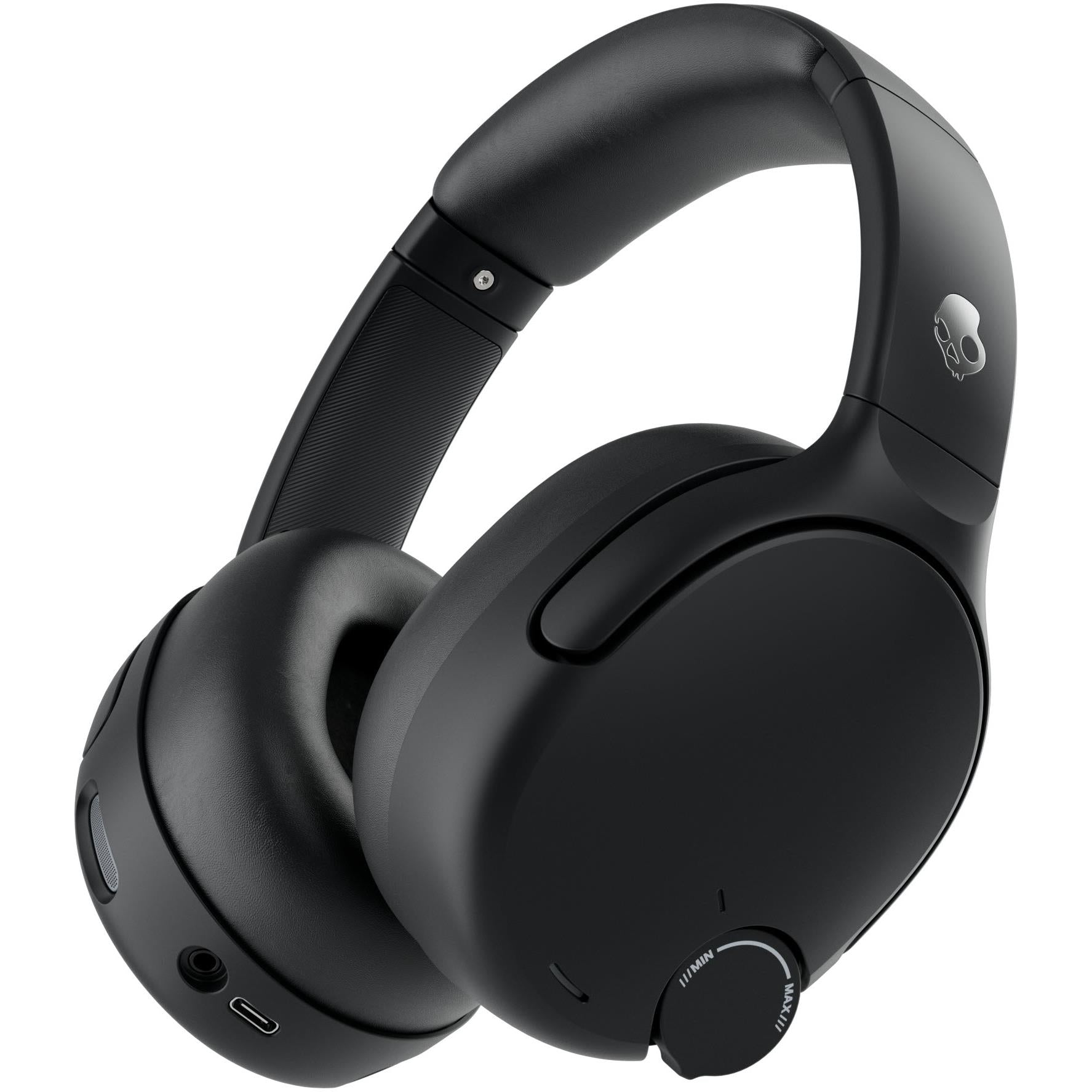 Black over-ear Bluetooth headphones with cushioned headband and earcups