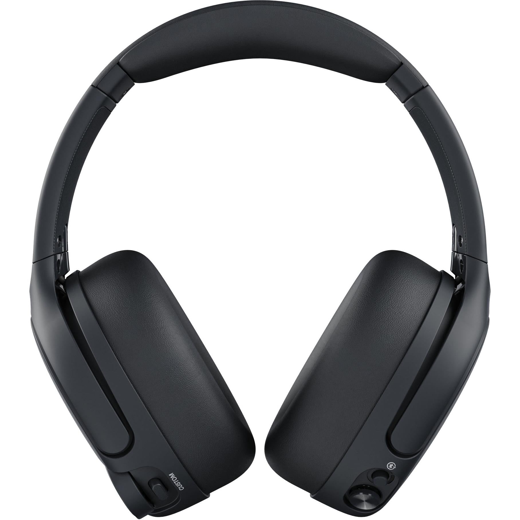Black over-ear Bluetooth headphones, front view with foam ear cushions