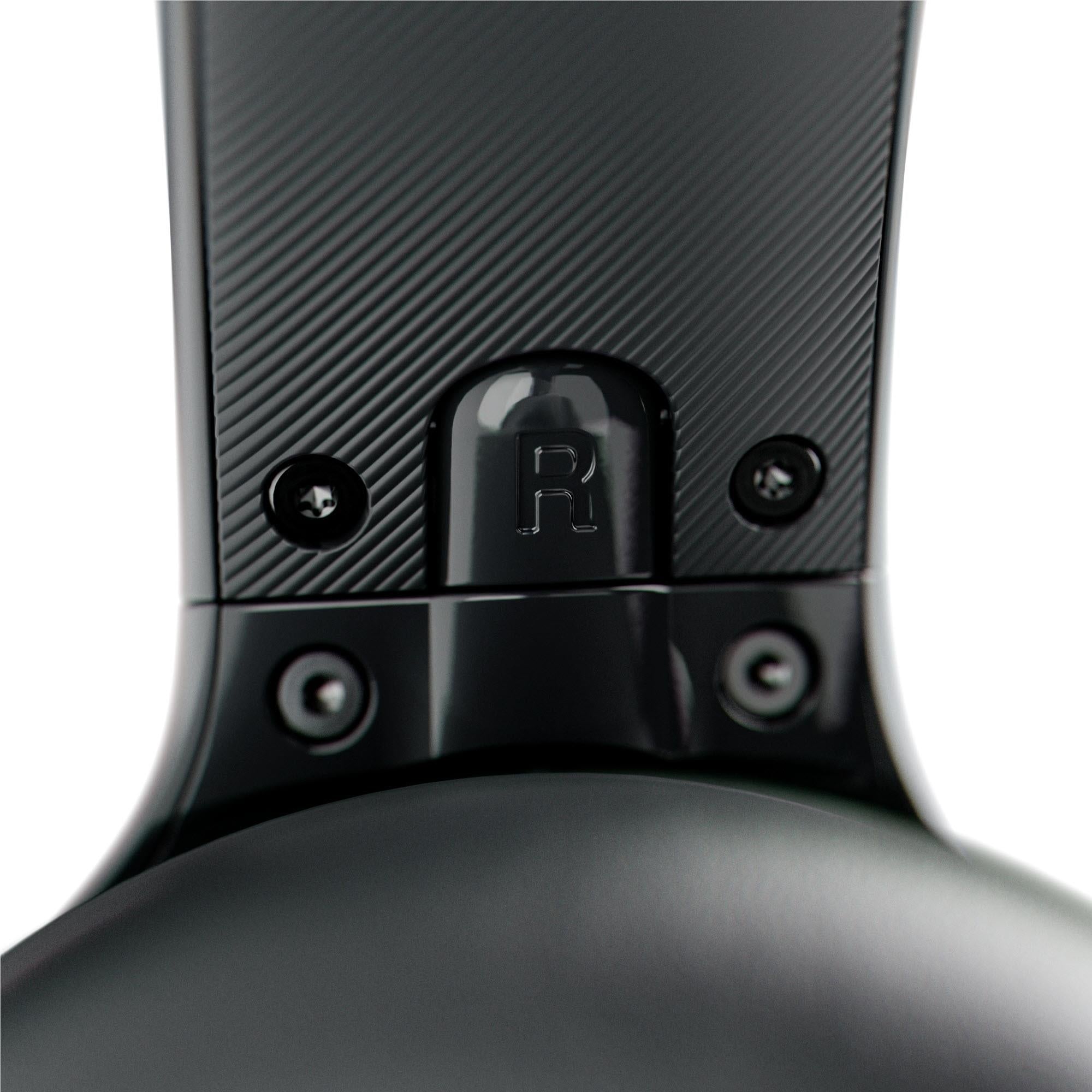 Black headphone hinge and port area with button controls and screws detail