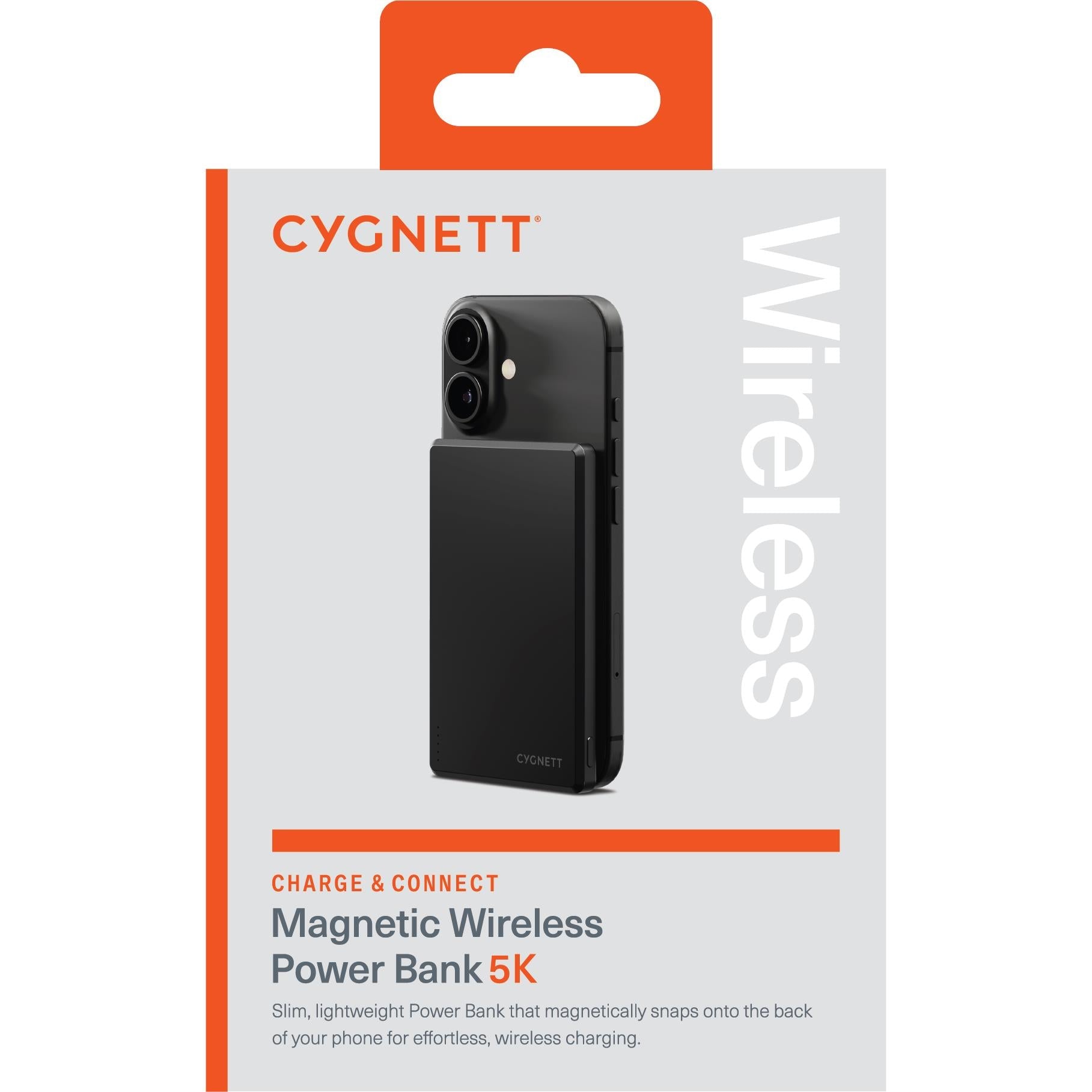 Cygnett Magnetic Wireless Power Bank 5K retail box with Charge & Connect branding