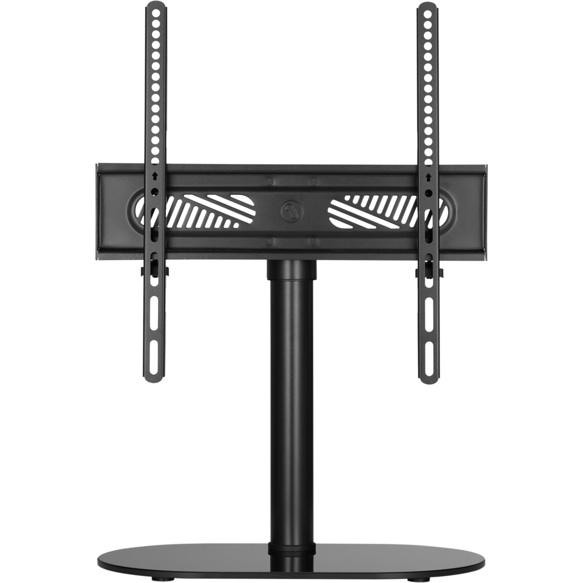 Black tabletop TV stand with swivel base and adjustable TV mounting arms