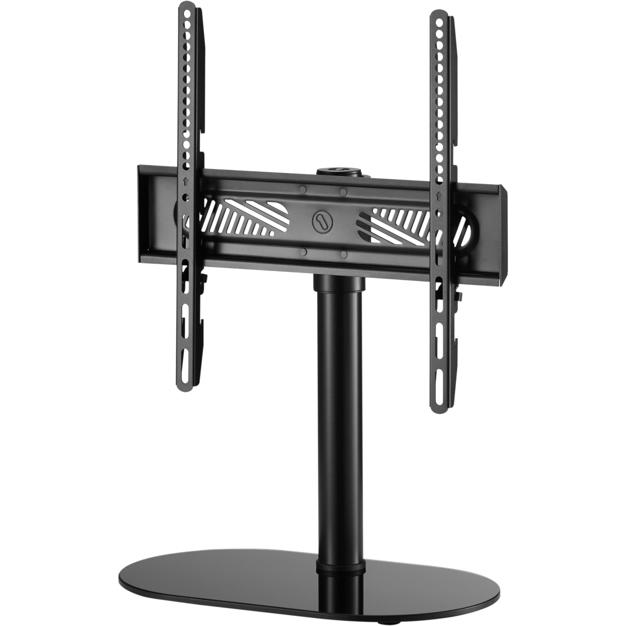 Black tabletop TV stand with swivel pedestal base and vertical mounting brackets