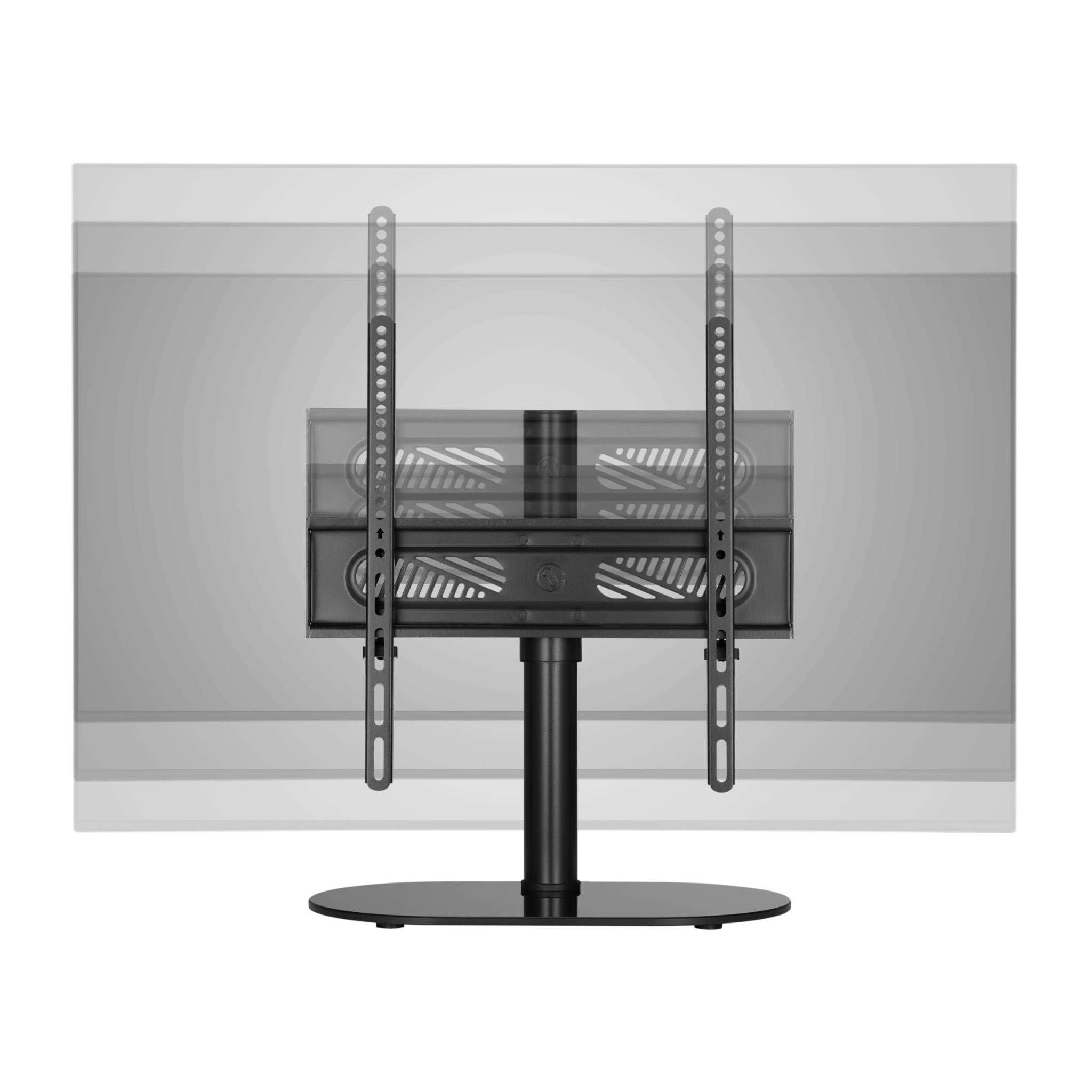 Black tabletop TV stand with swivel mount arms for 32 to 65 inch TVs