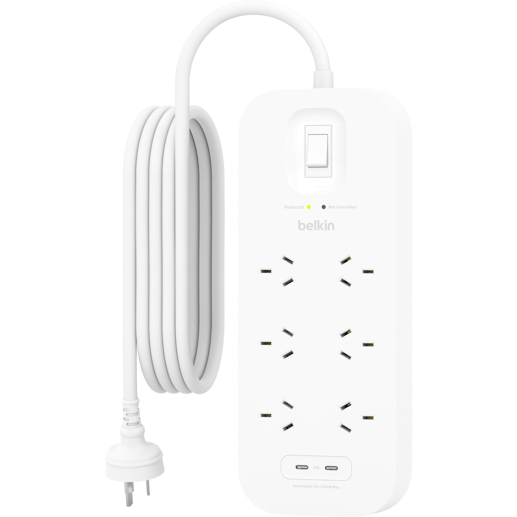 White Belkin 6-outlet surge protector with dual USB-C 30W ports