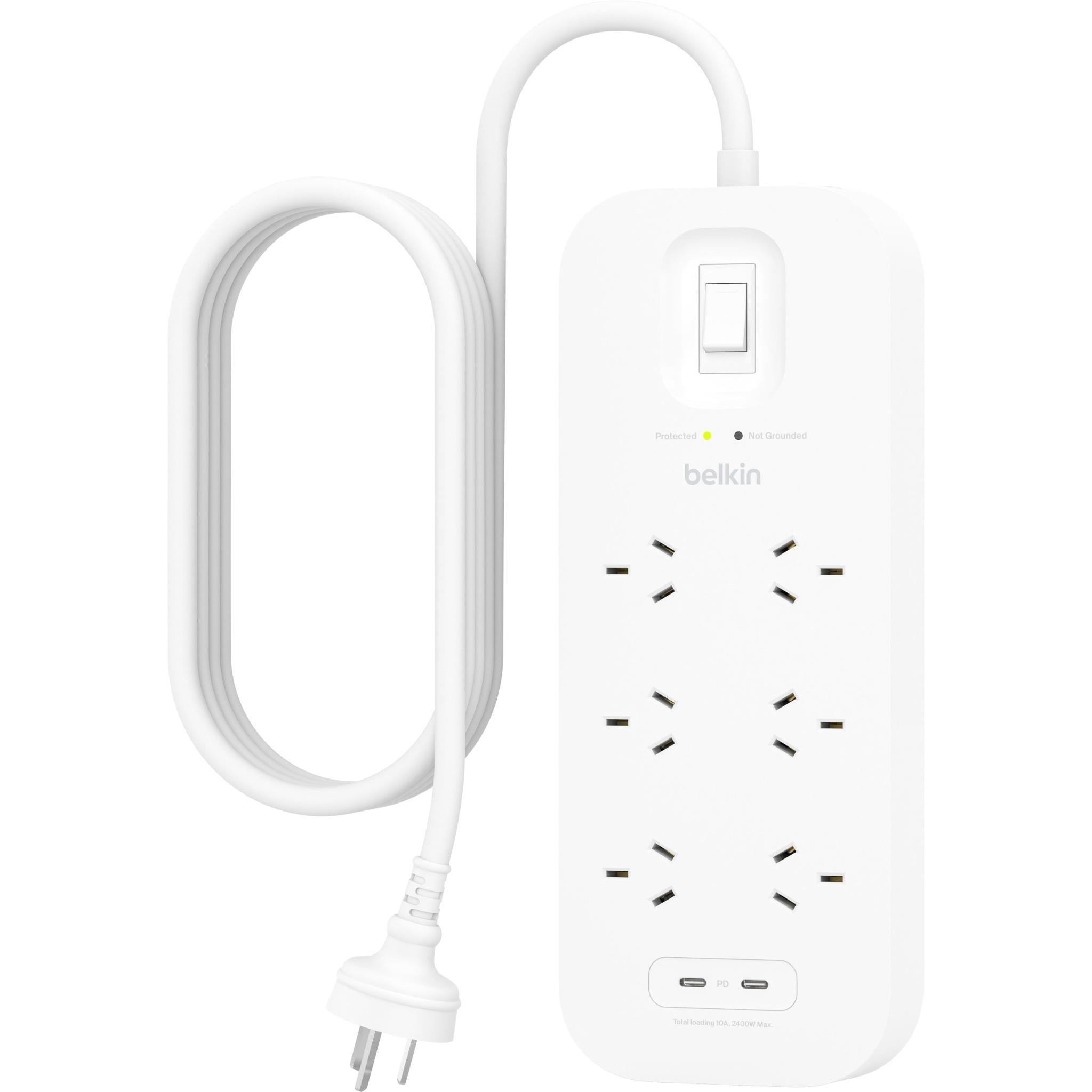 White Belkin surge protector with dual USB-C 30W and 6 AC outlets, power cord