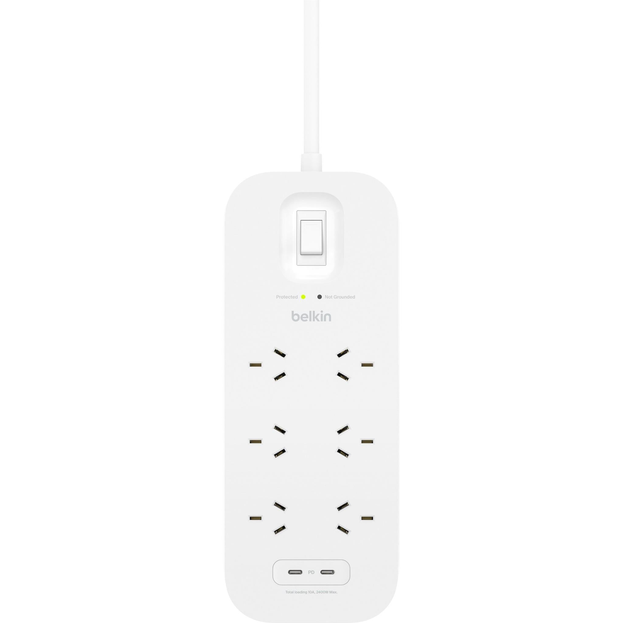 White Belkin surge protector with six outlets and dual USB-C 30W ports