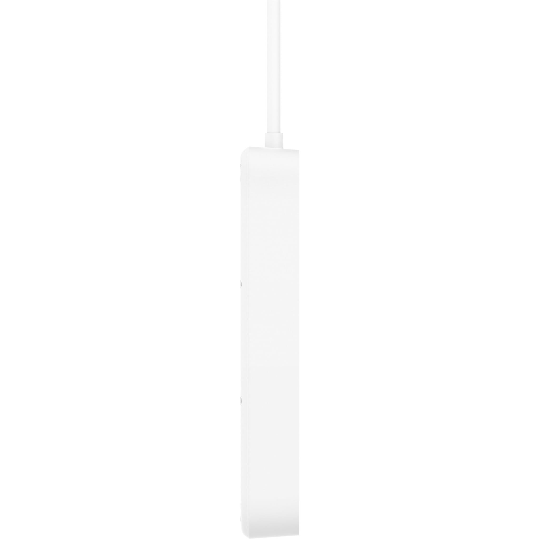 White Belkin surge protector side profile with power plug end