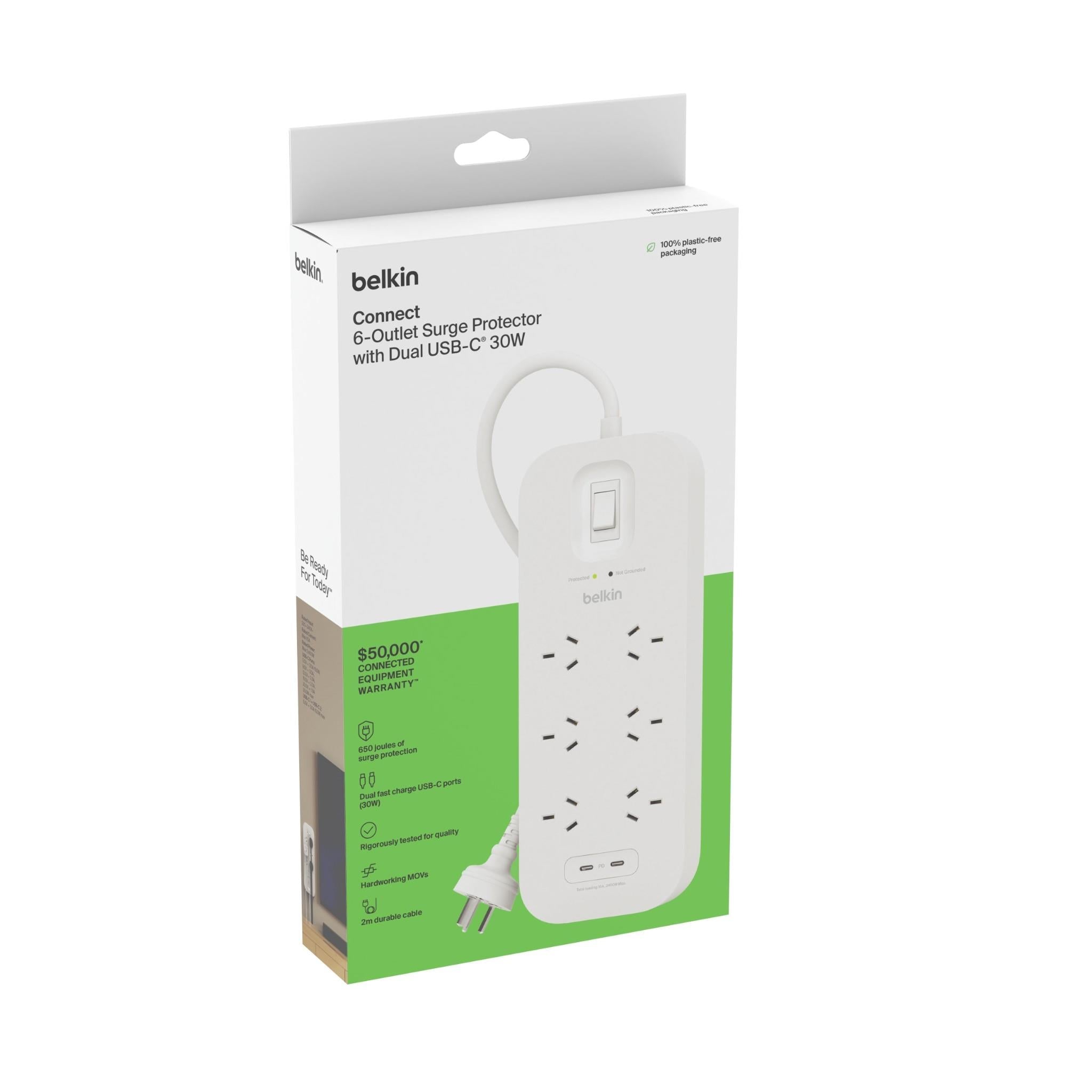 Belkin white 6-outlet surge protector box with dual USB-C 30W