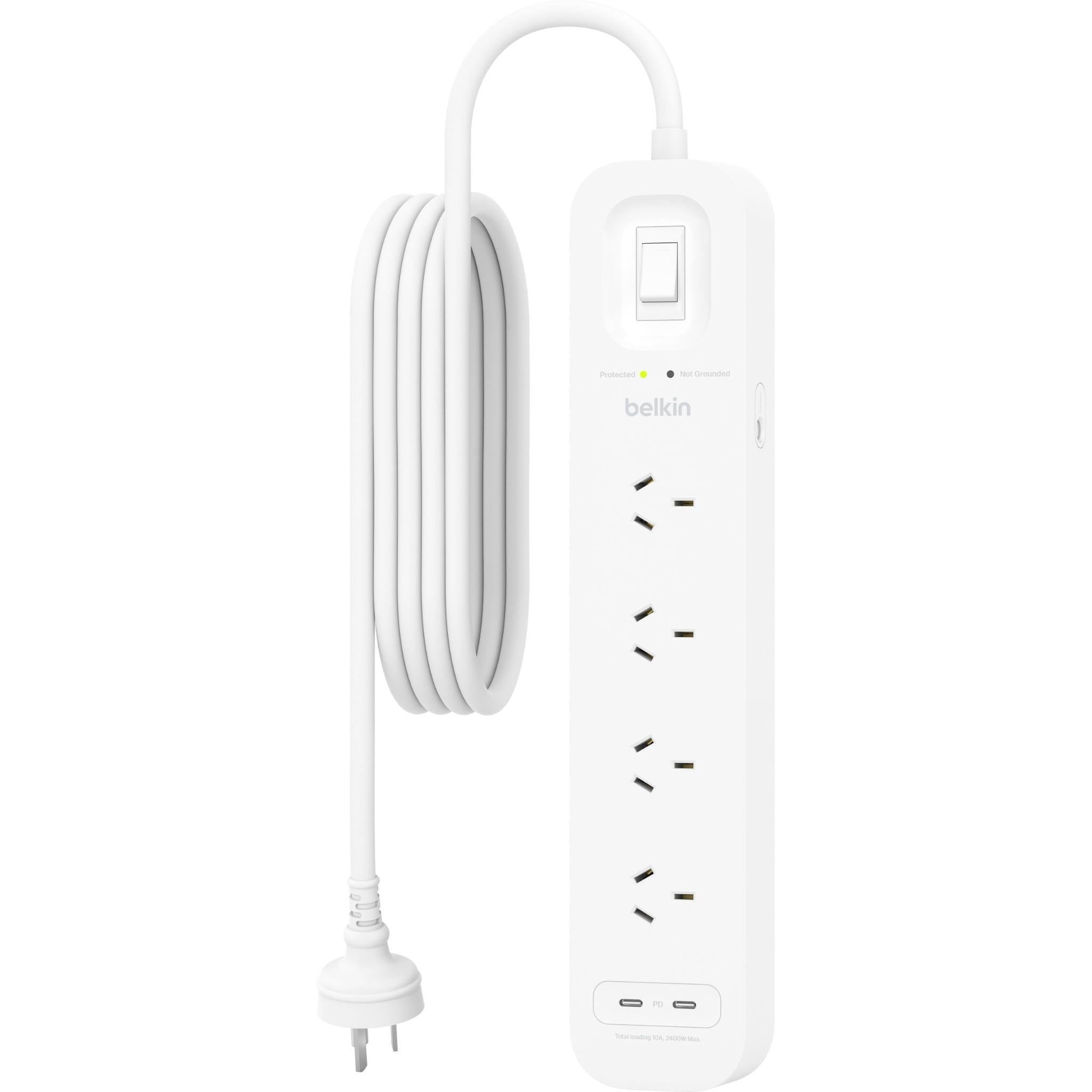 White surge protector with four outlets and dual USB-C ports, power cord attached
