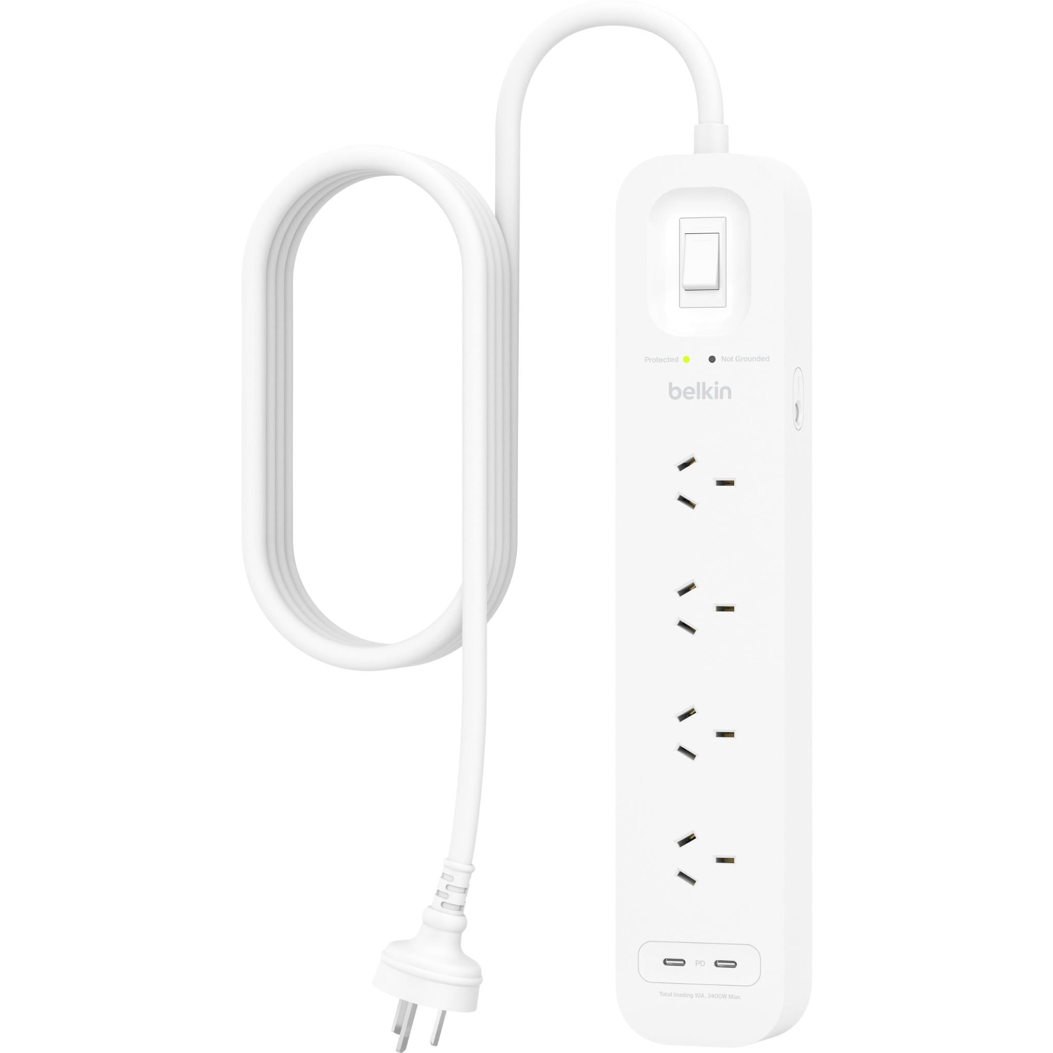White surge protector power strip with four outlets and dual USB-C ports, coiled cord