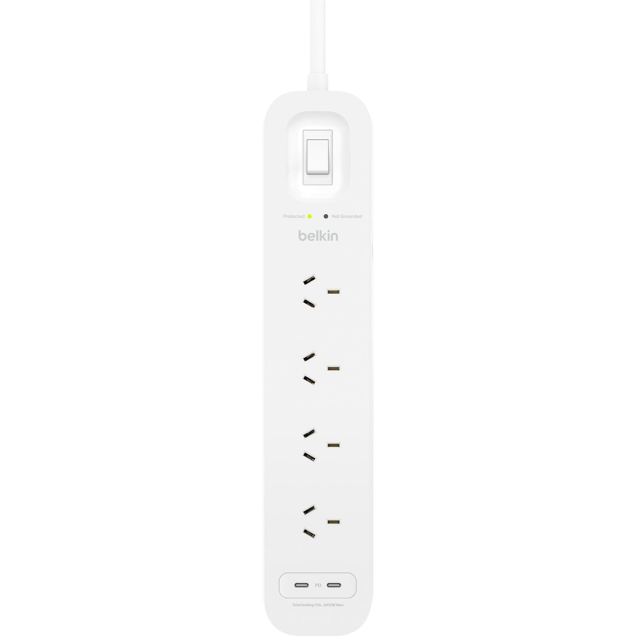 White surge protector power strip with four outlet sockets and dual USB-C ports