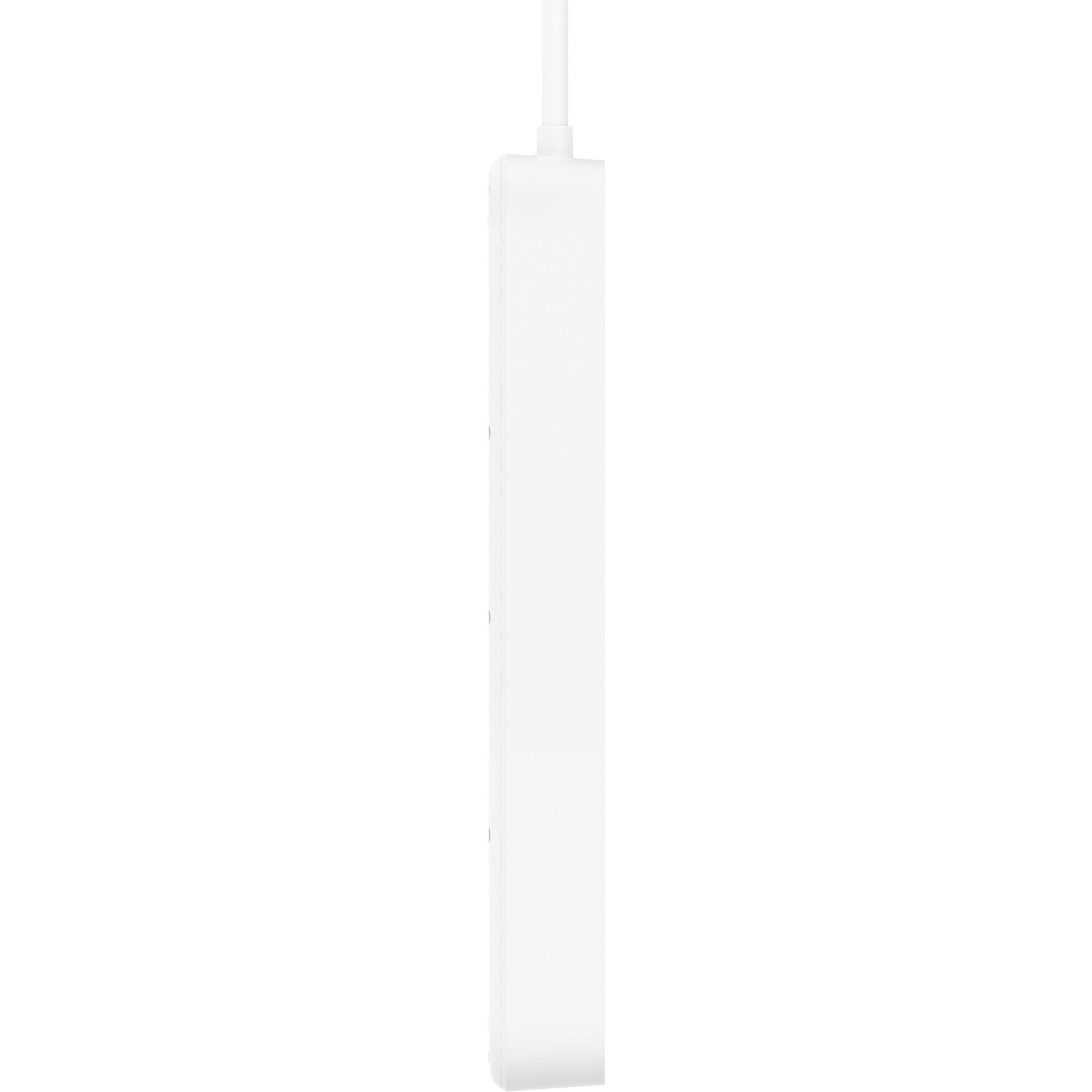 White surge protector side view with power cord at top