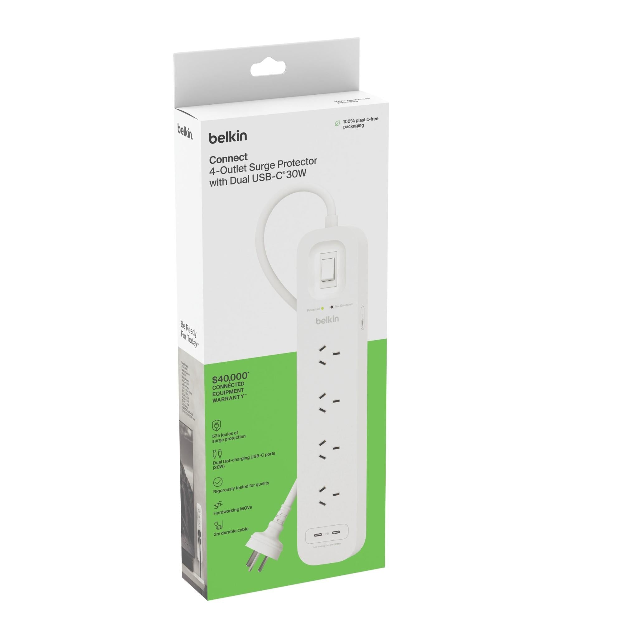 Belkin Connect 4-Outlet Surge Protector retail box, dual USB-C 30W, white