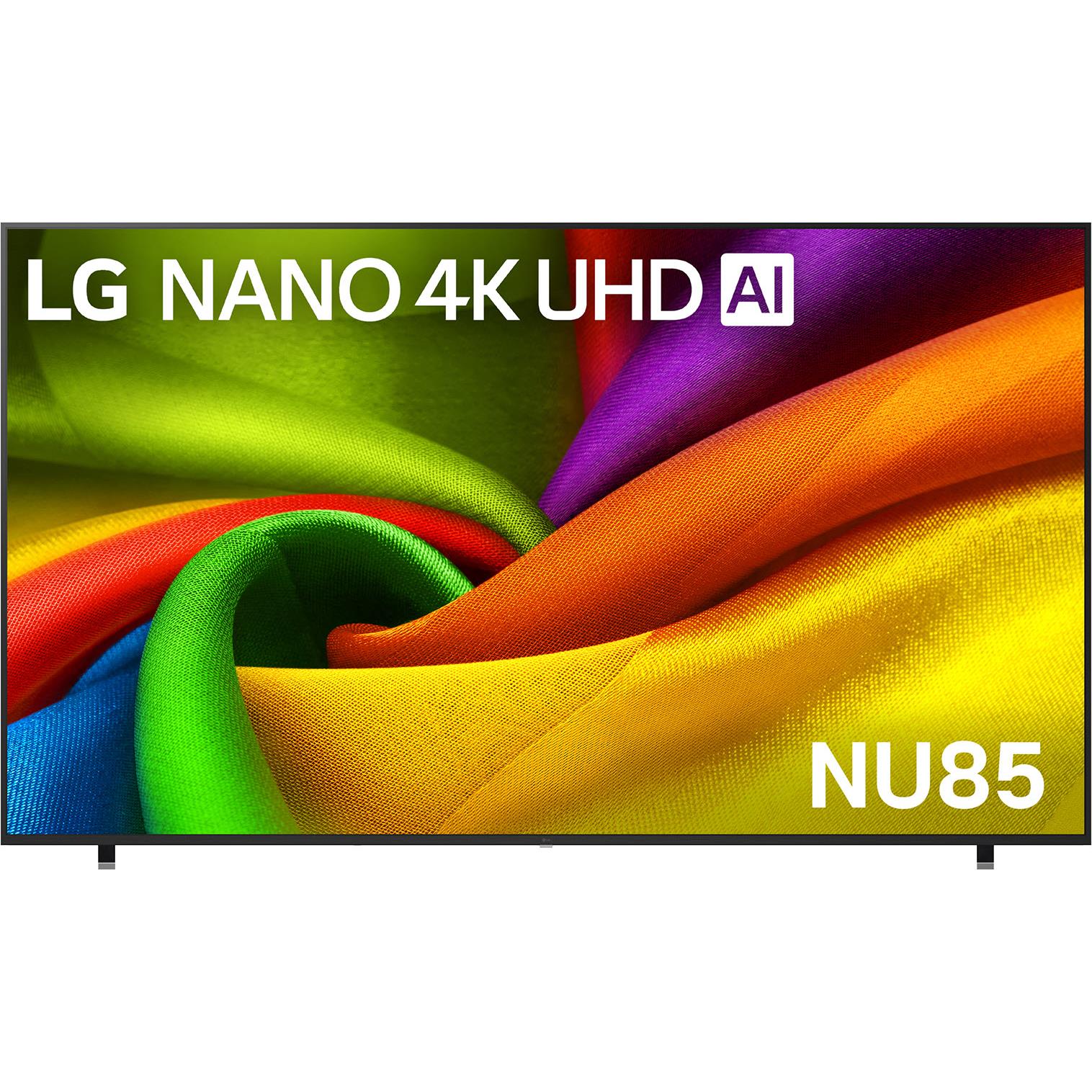Large LG Nano 4K UHD smart TV with colorful abstract fabric display and stand