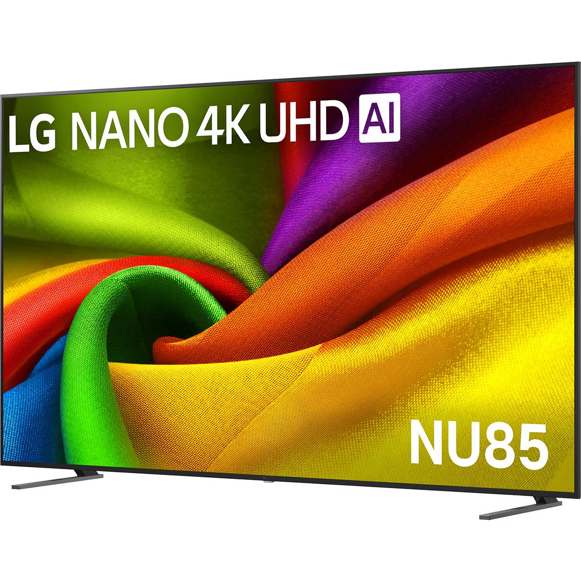 Large LG Nano 4K UHD smart TV front view with colorful fabric display and feet