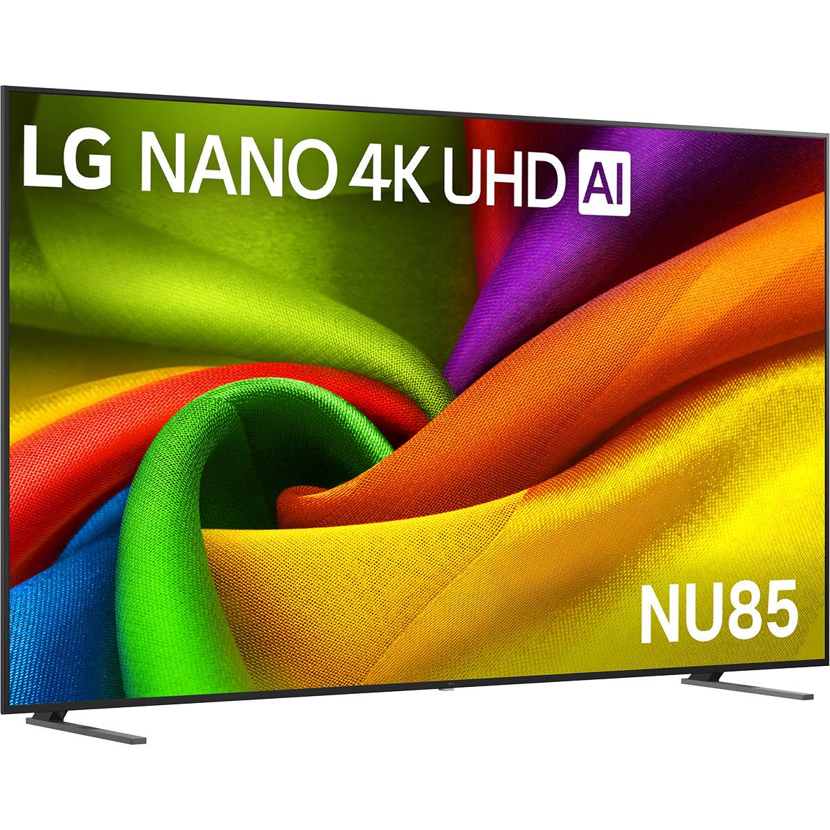Large LG Nano 4K UHD smart TV with colorful fabric display and small AI badge