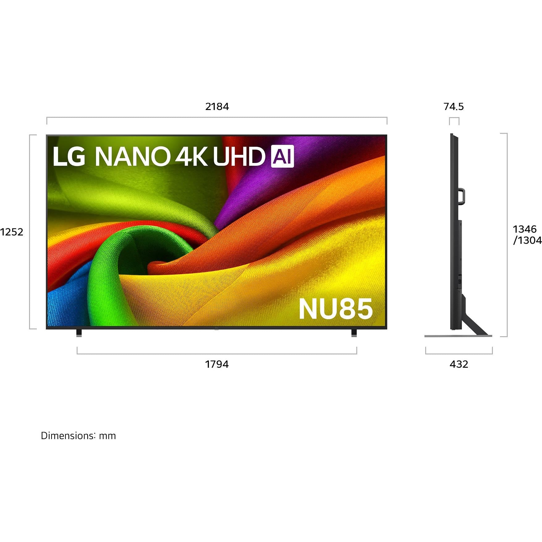 Ultra HD smart TV side profile with wall dimensions and base measurements