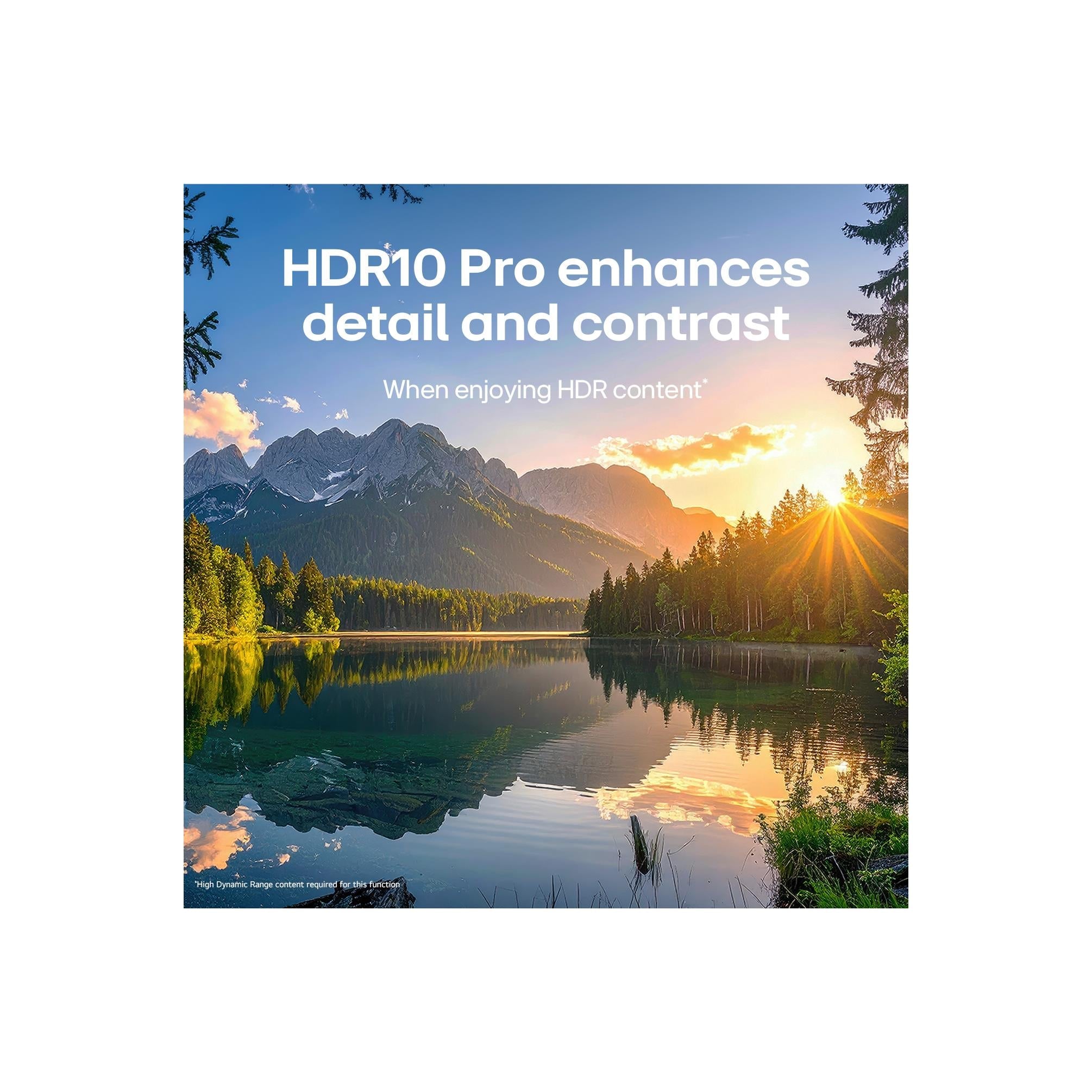 Smart TV feature graphic with scenic mountain landscape, lake reflections, and sunrise