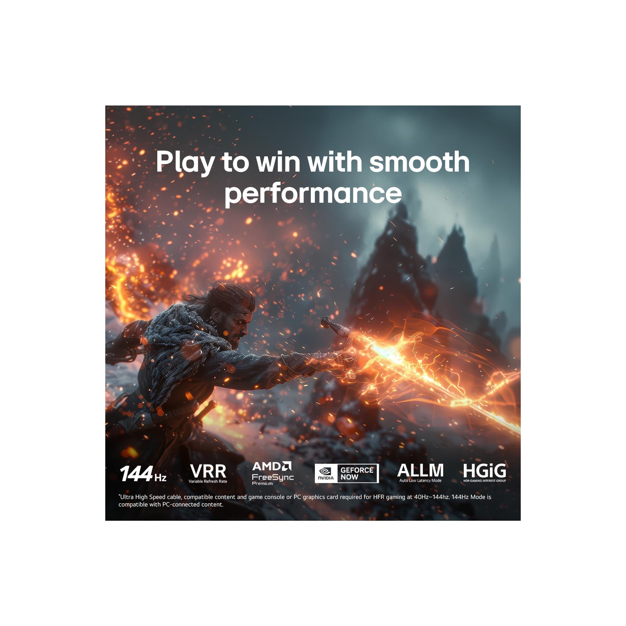 Smart TV feature graphic with gaming action scene and glowing sparks