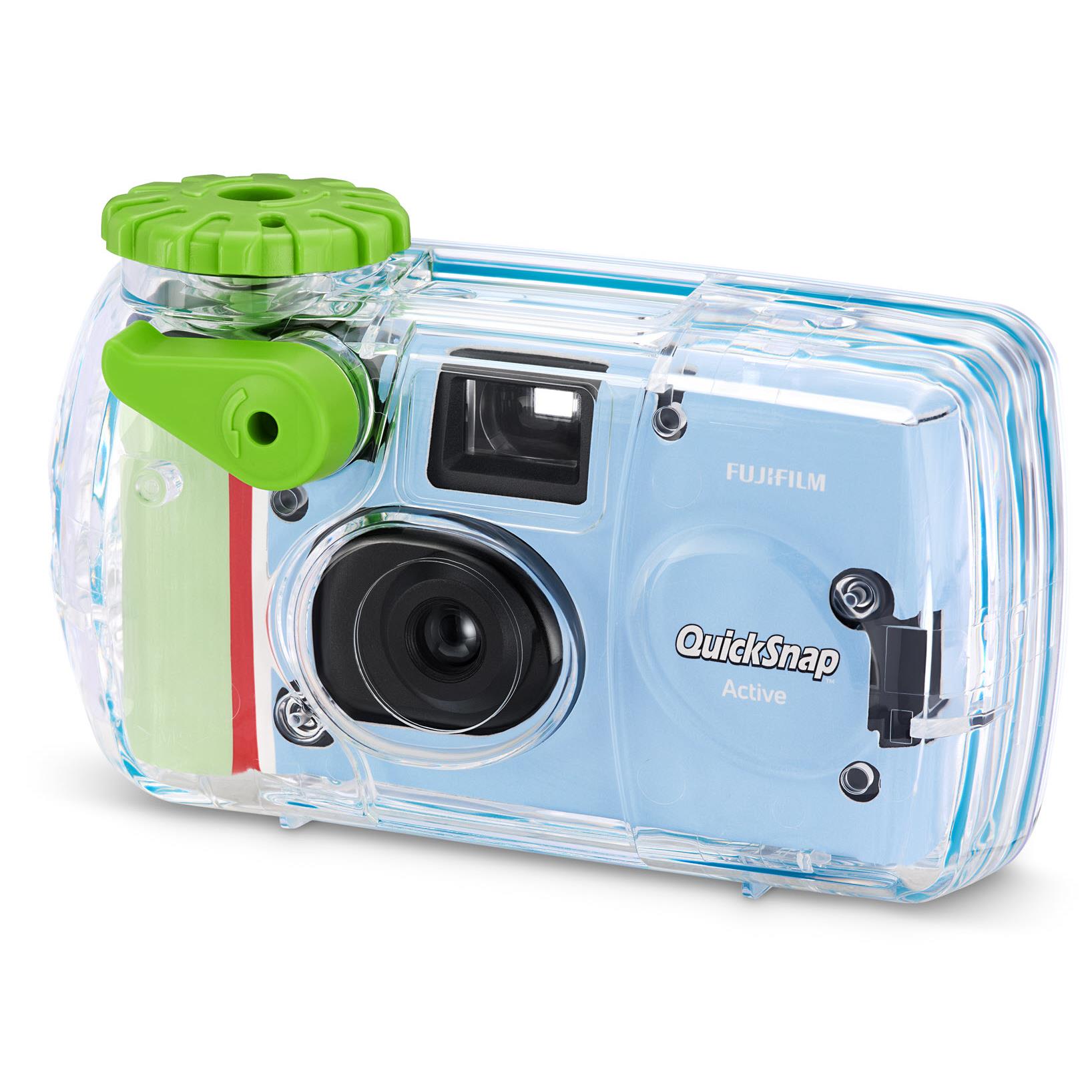 Clear disposable camera in green with black lens and QuickSnap Active branding.
