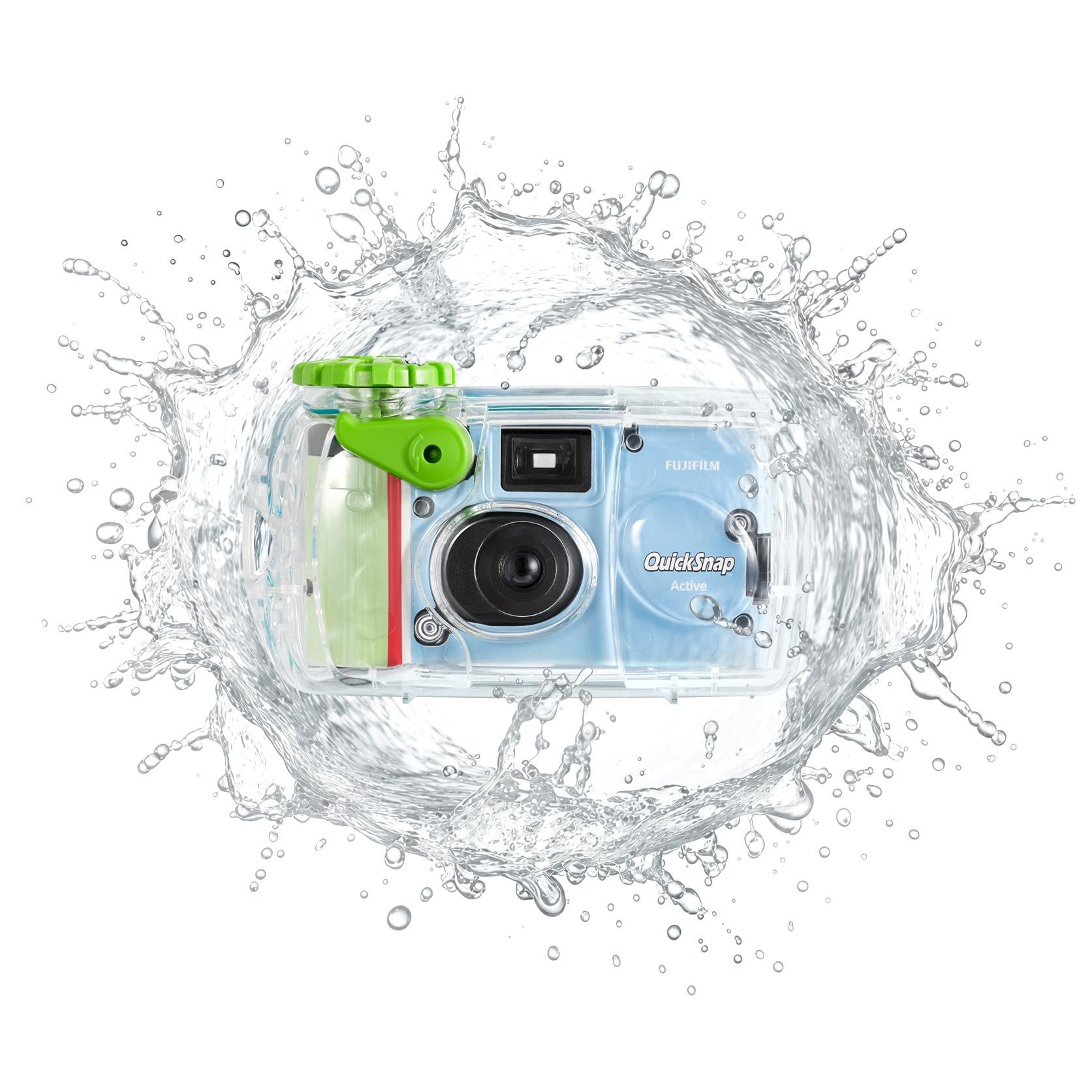 Clear disposable camera with green top in splash water, centered on white background.