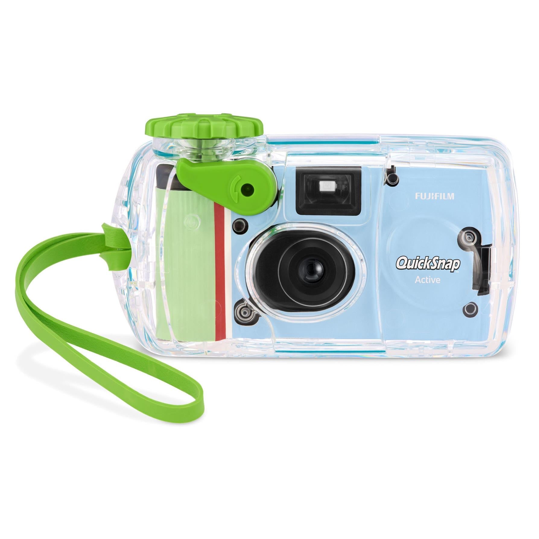 Front view of clear disposable camera with green strap and black lens.