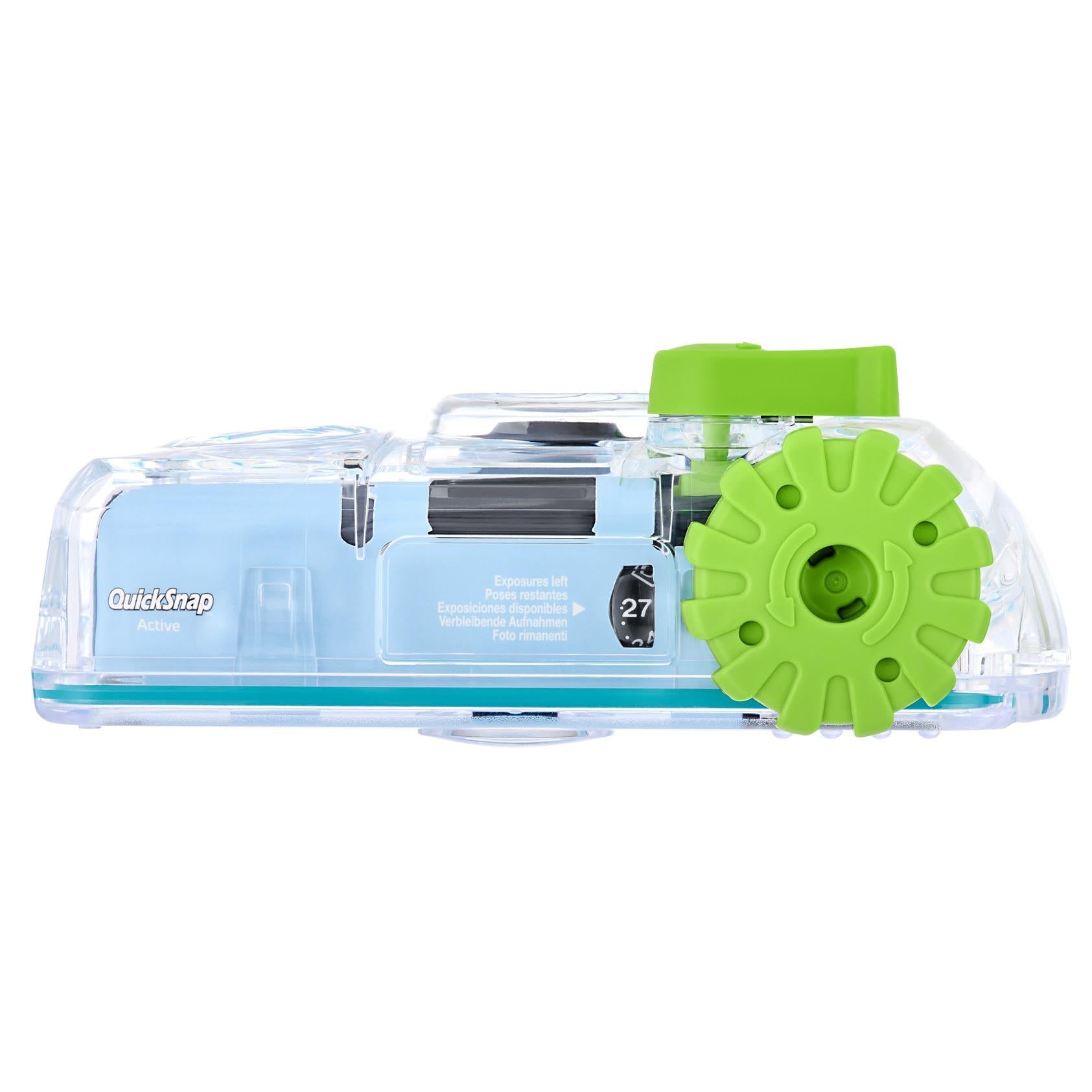 Back view of clear disposable camera with green rewind wheel and black dial window.