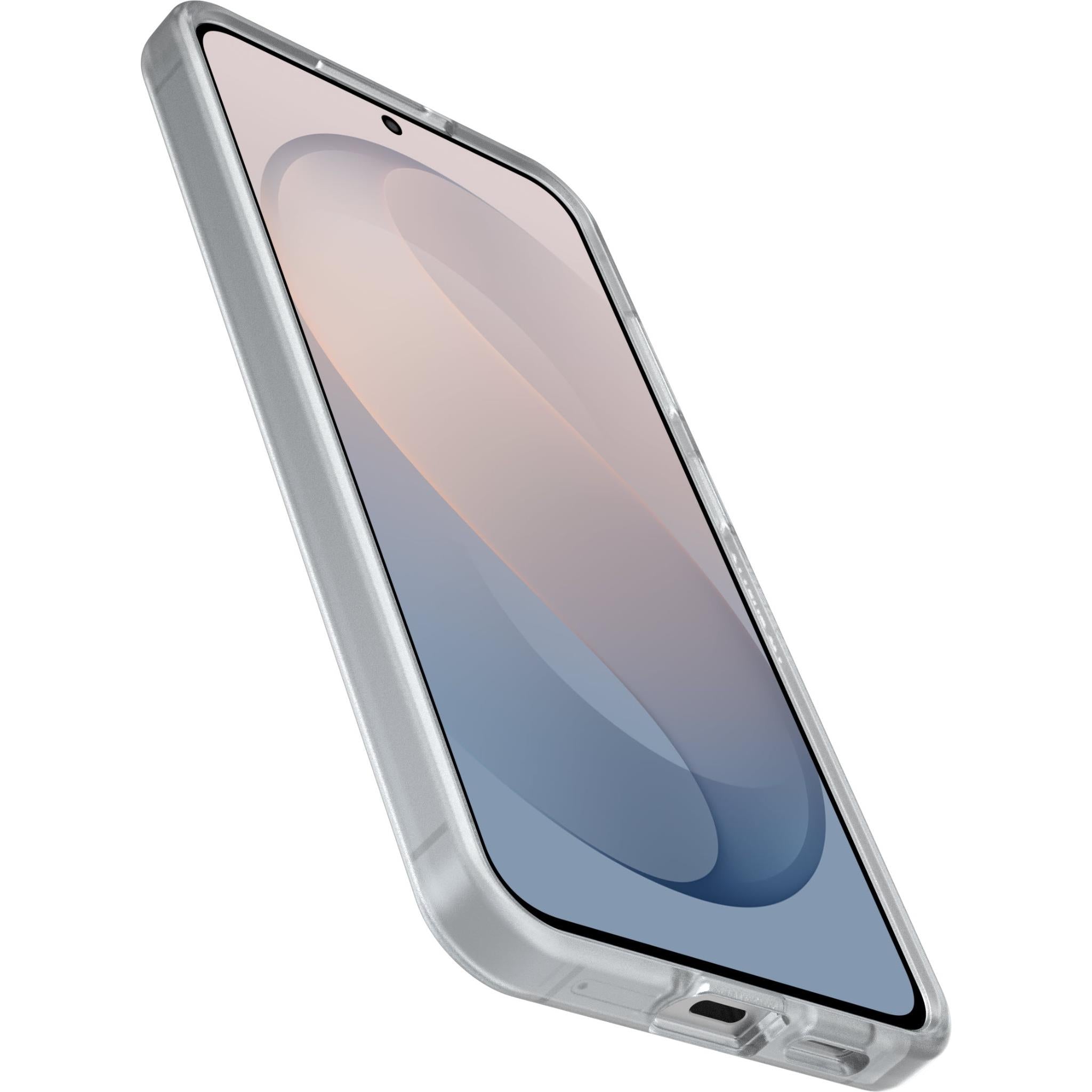 Clear slim phone case, side view with port cutouts and raised screen edge