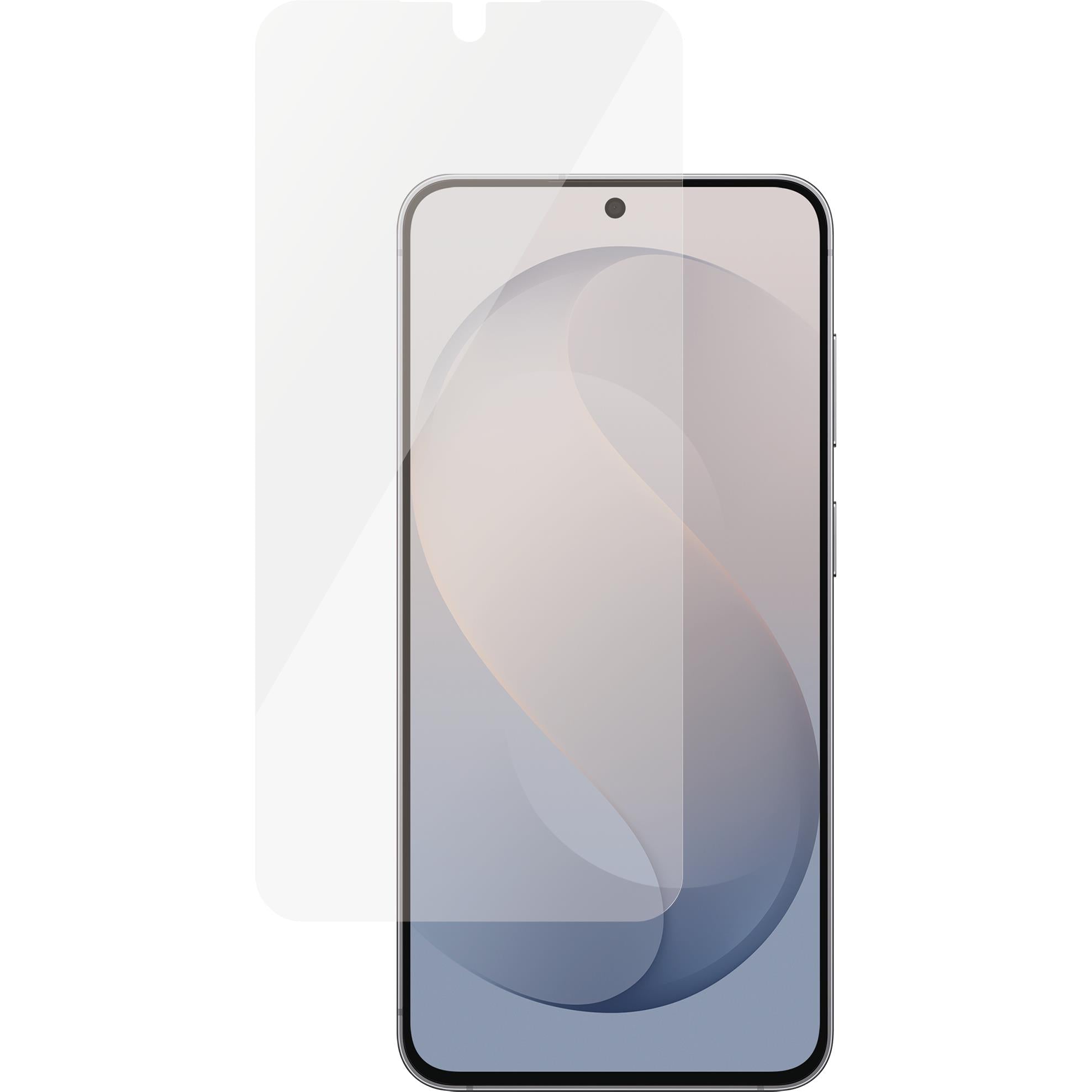 Ultra-wide clear glass screen protector for a smartphone, covering the front display