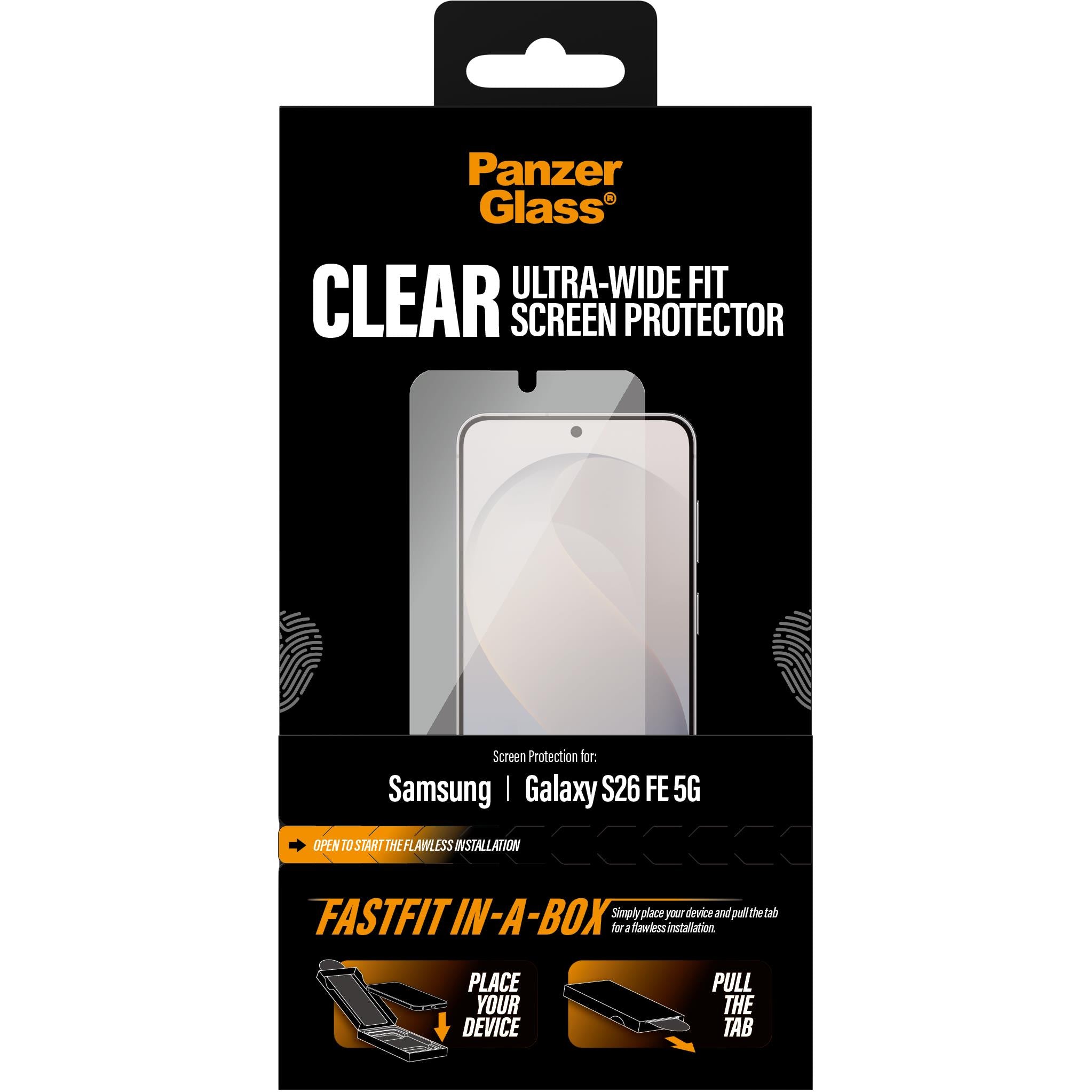 Ultra-wide clear glass screen protector package for Samsung Galaxy phone